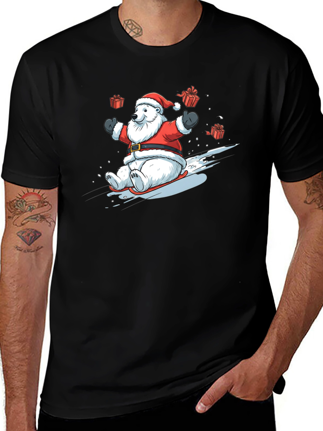 Variant 25 of Santa Bear Sledding Black T-Shirt