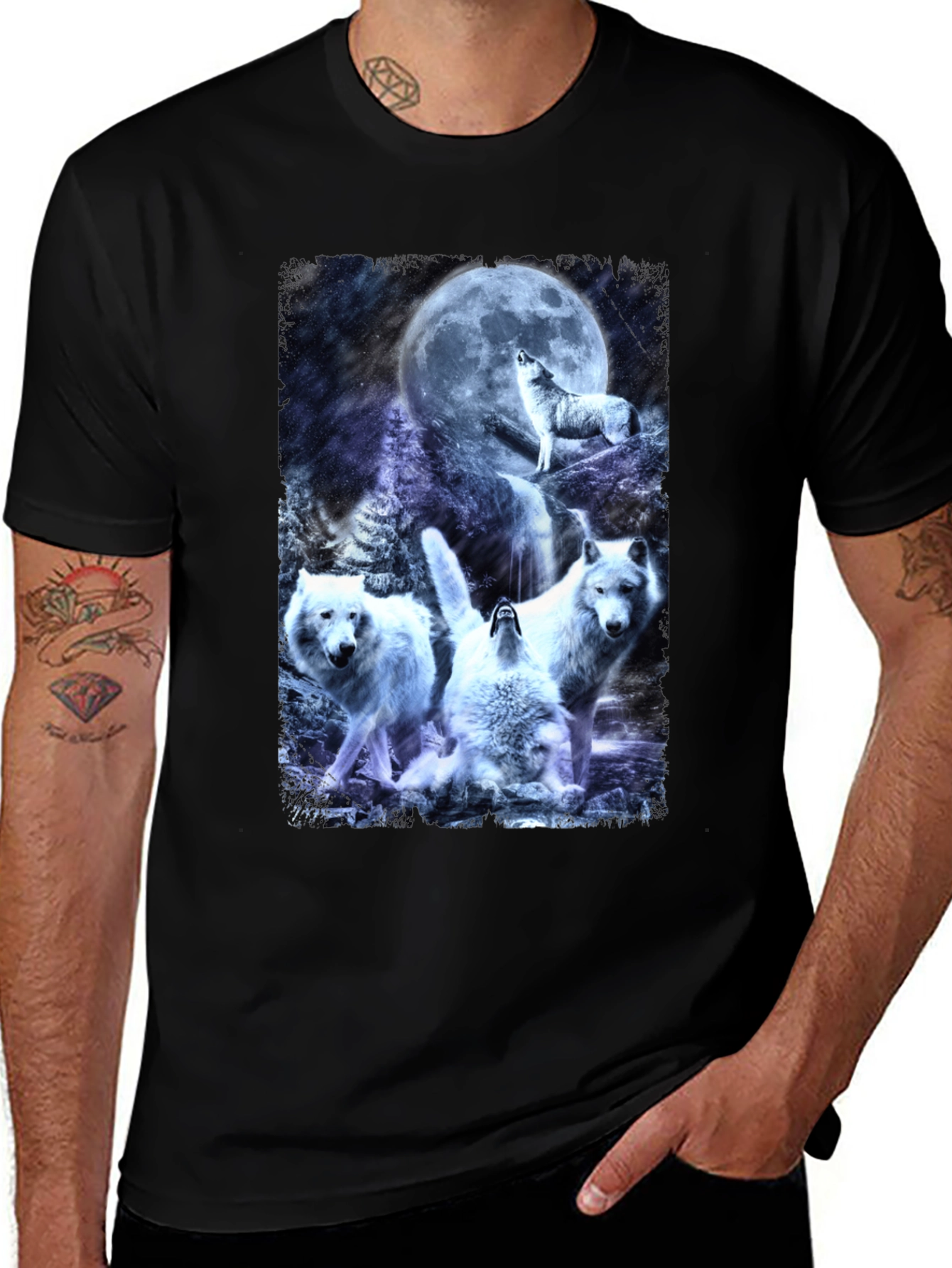 Variant 14 of Wolf Pack Moon Graphic Tee - Black Crew Neck