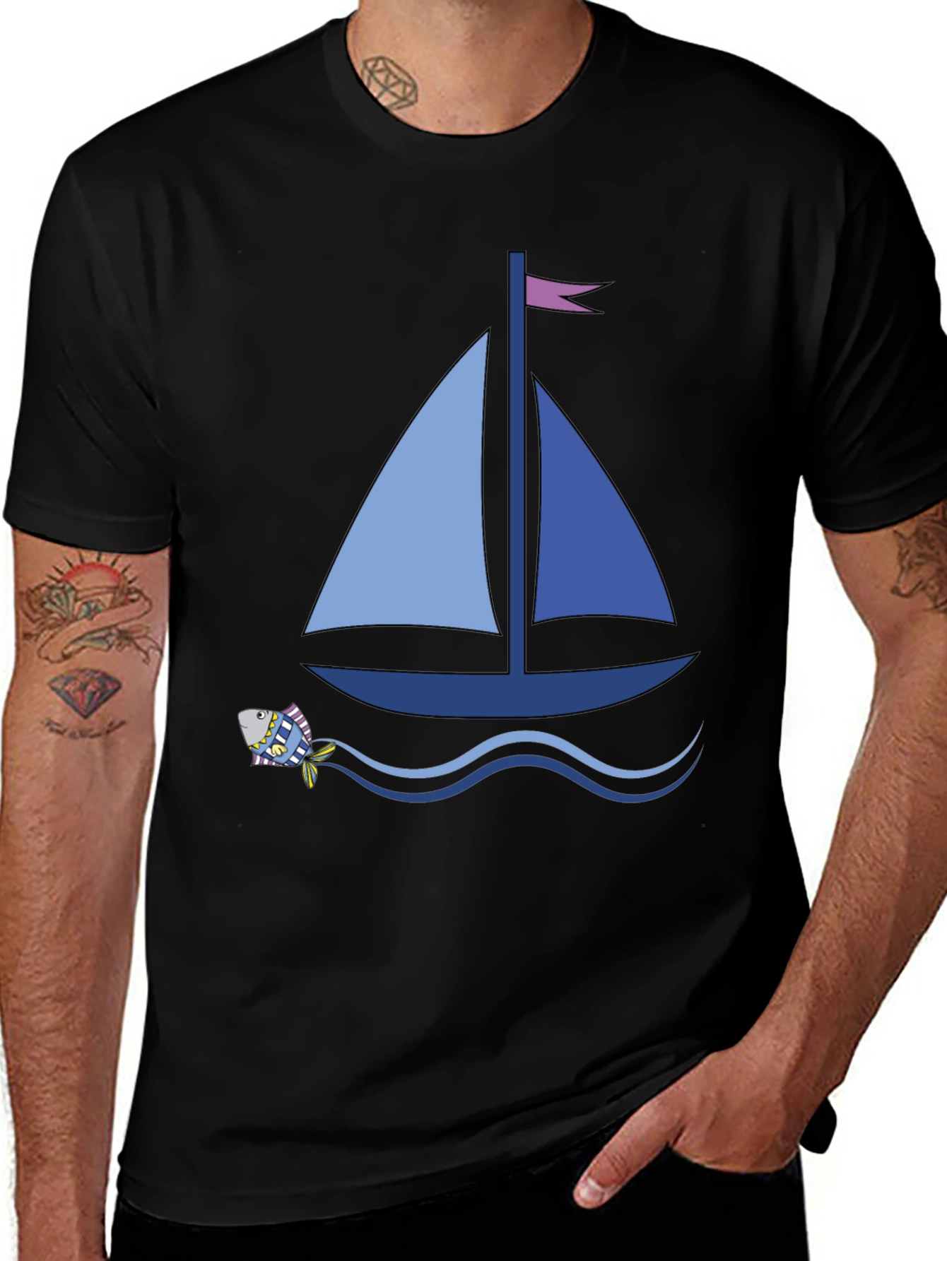 Variant 5 of Sailboat Graphic Tee - Black Cotton Comfort