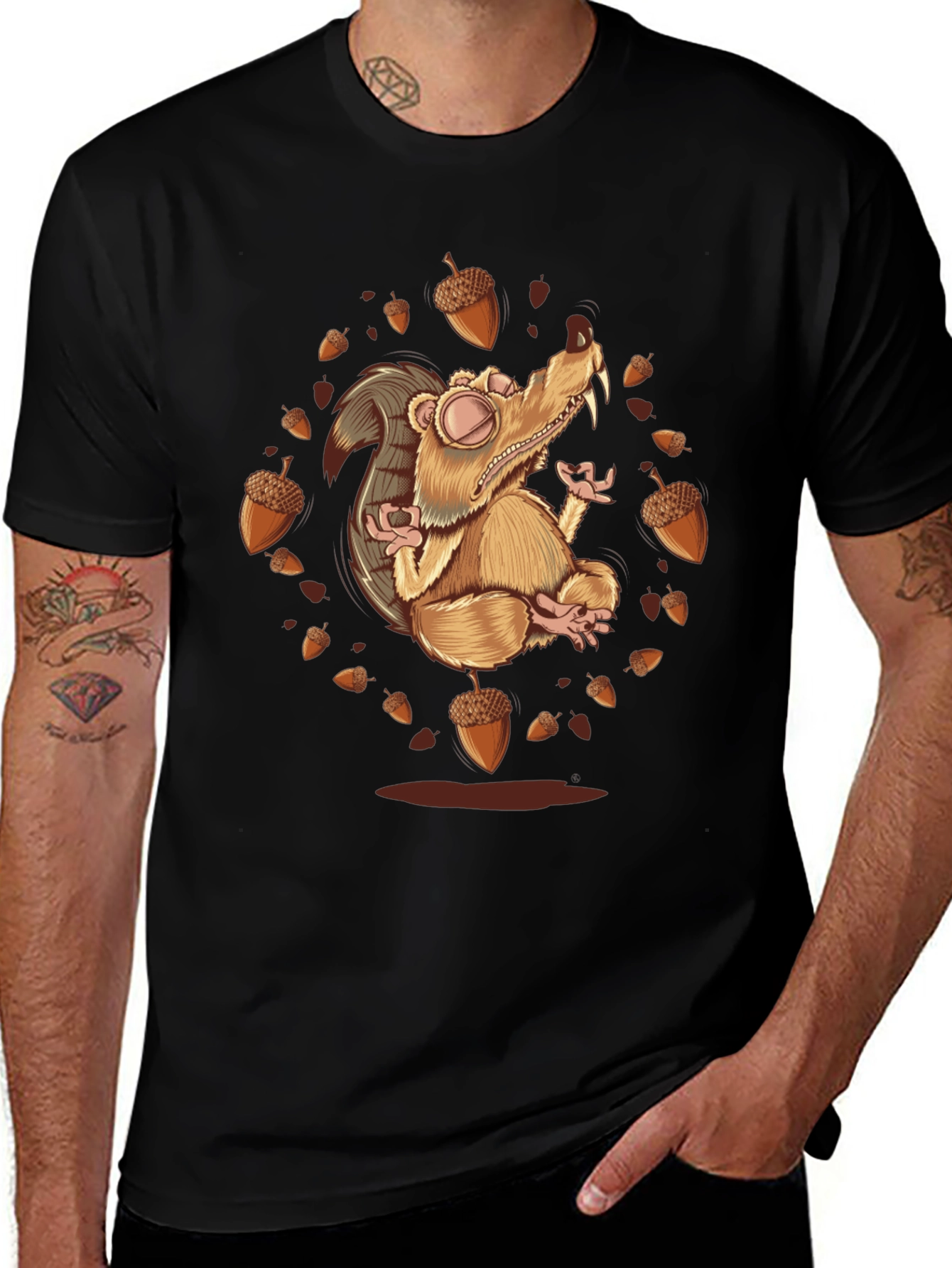 Funny Scrat and Acorns Graphic Black T-Shirt