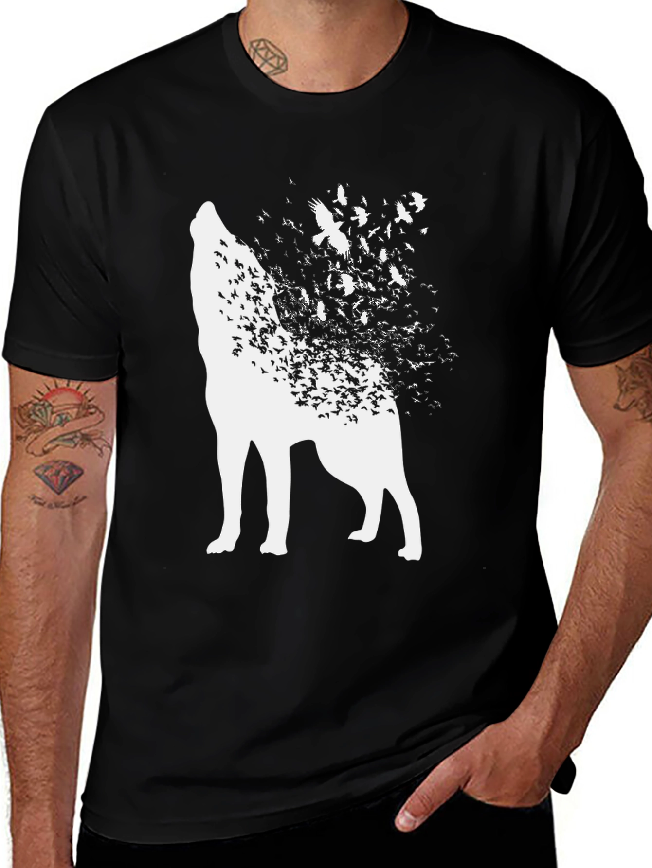 Variant 5 of Wolf and Birds Graphic Tee - Black Cotton Blend