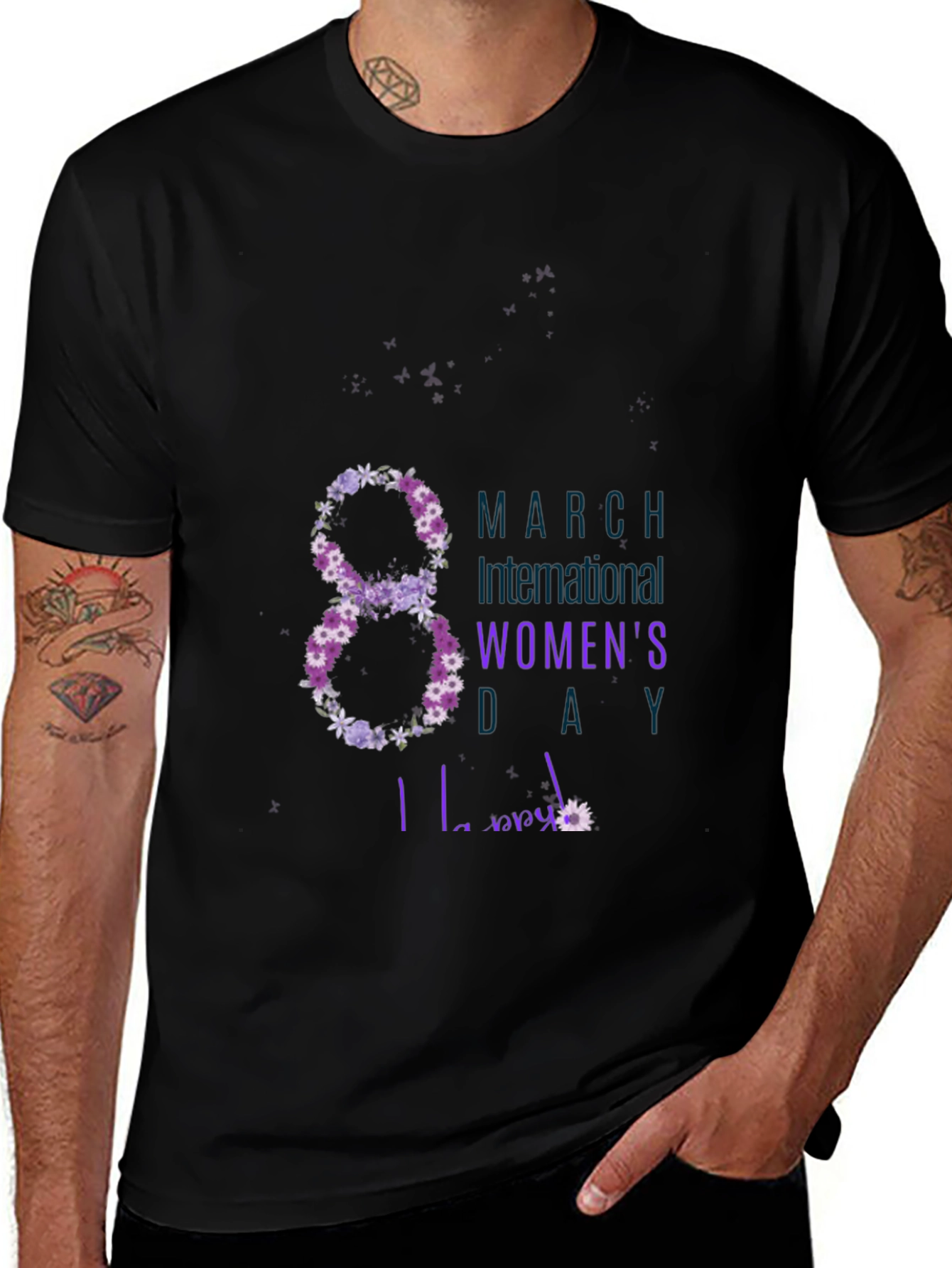 Women's Day Black T-Shirt Floral Number 8 Design