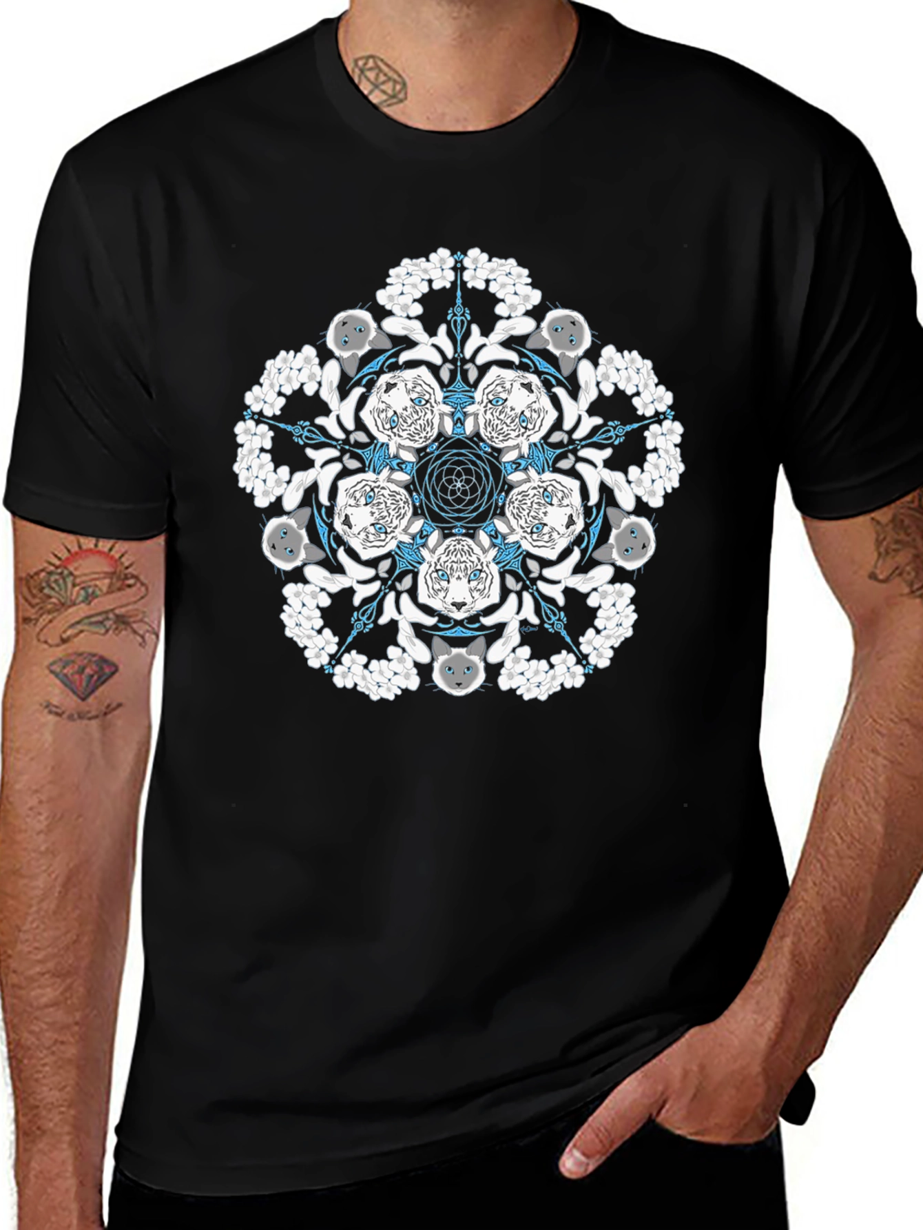 Variant 26 of Geometric Cat Mandala Black T-Shirt