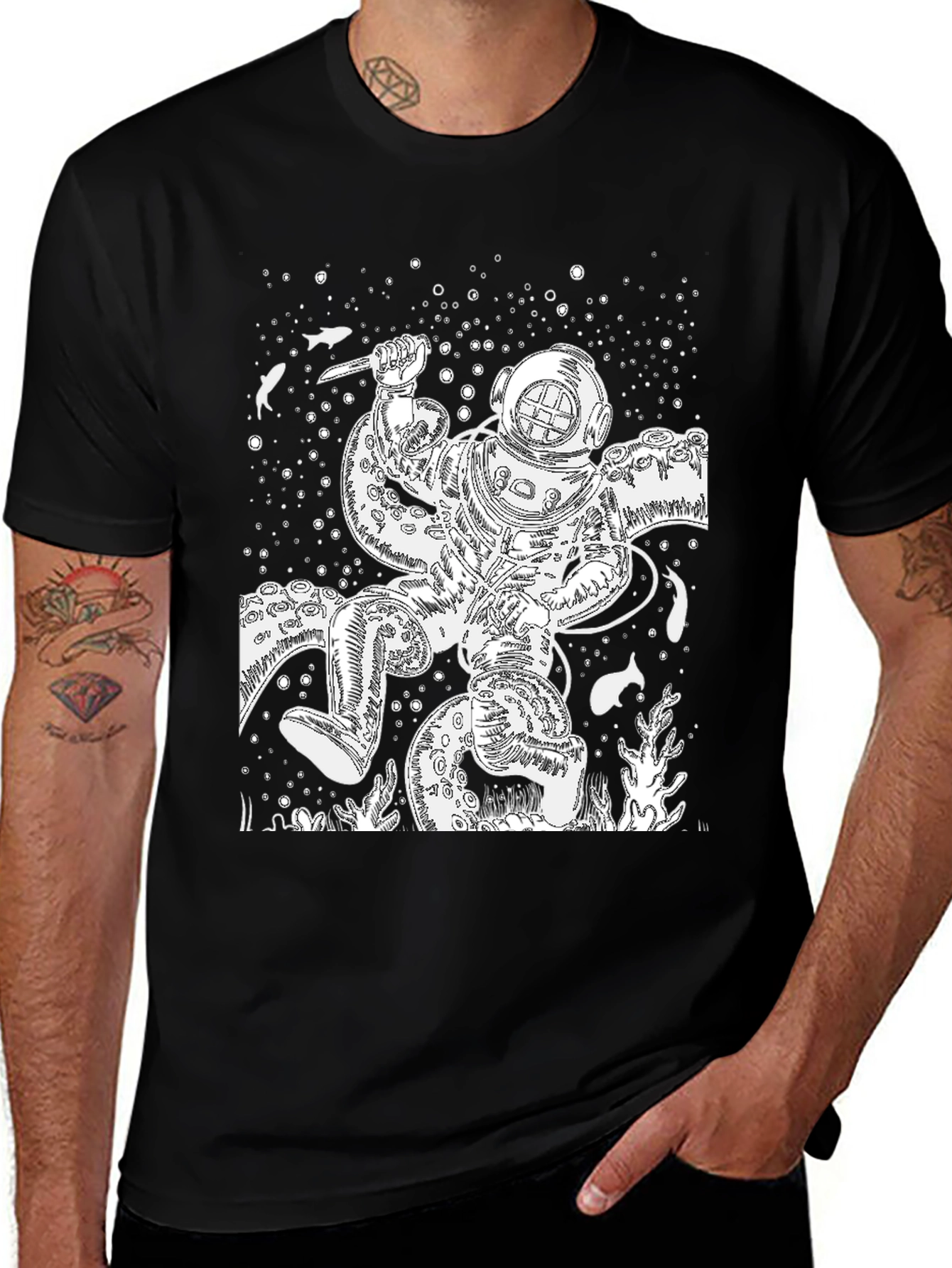Variant 25 of Octopus Diver Graphic Tee - Black Cotton T-Shirt