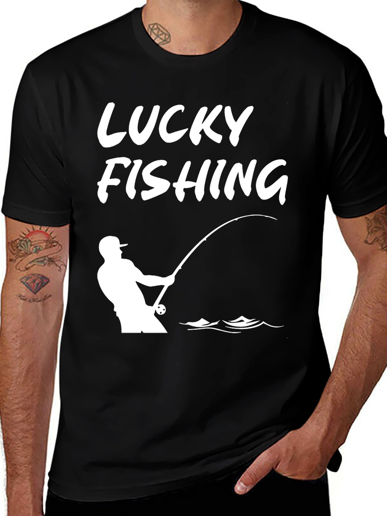 Variant 14 of Lucky Fishing Graphic Tee - Black Cotton T-Shirt