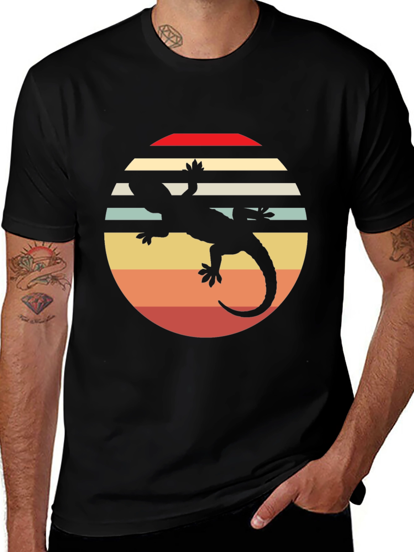 Retro Lizard Sunset Graphic Tee - Black Cotton Comfort