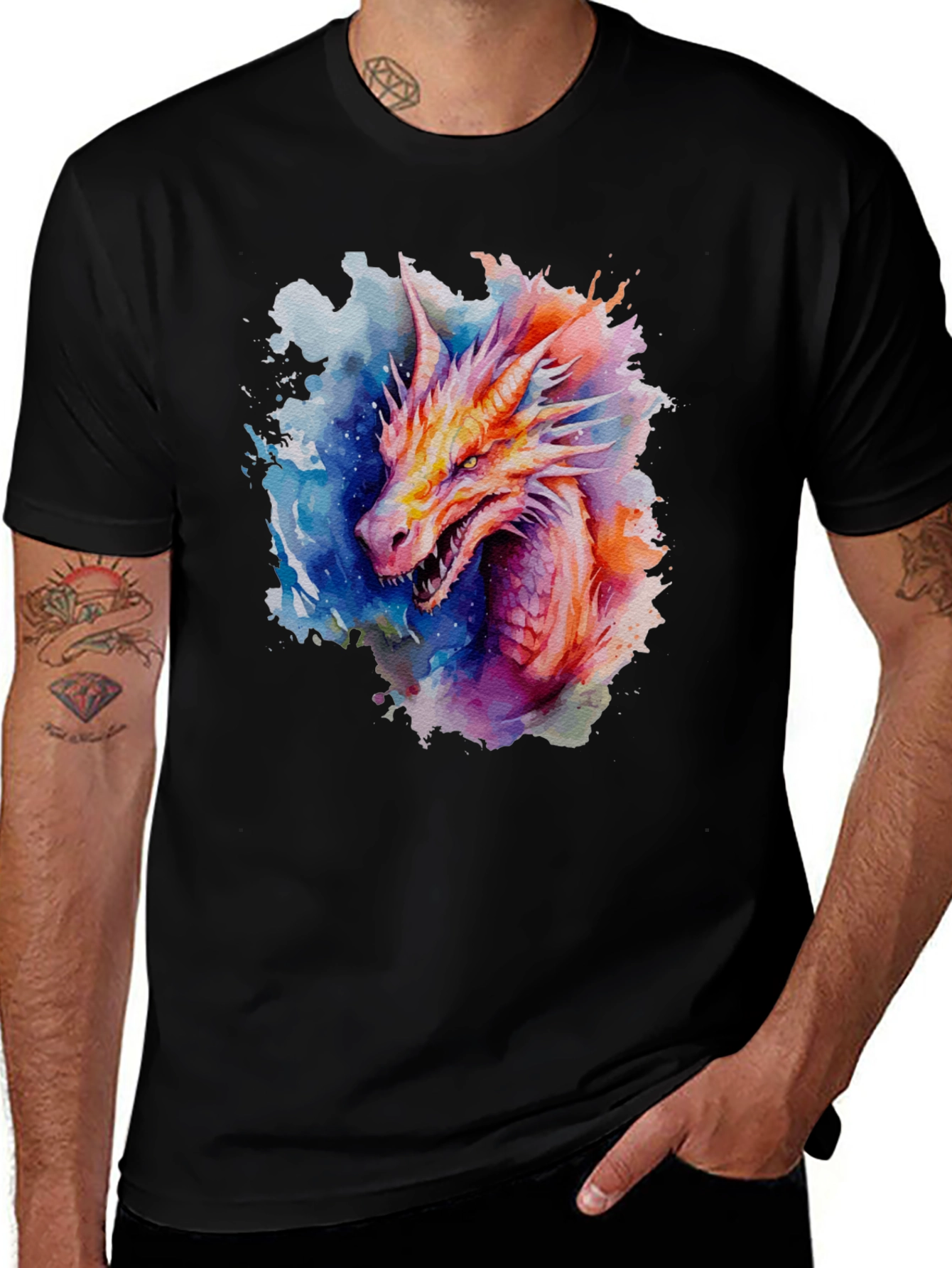 Variant 10 of Watercolor Dragon Graphic Black T-Shirt