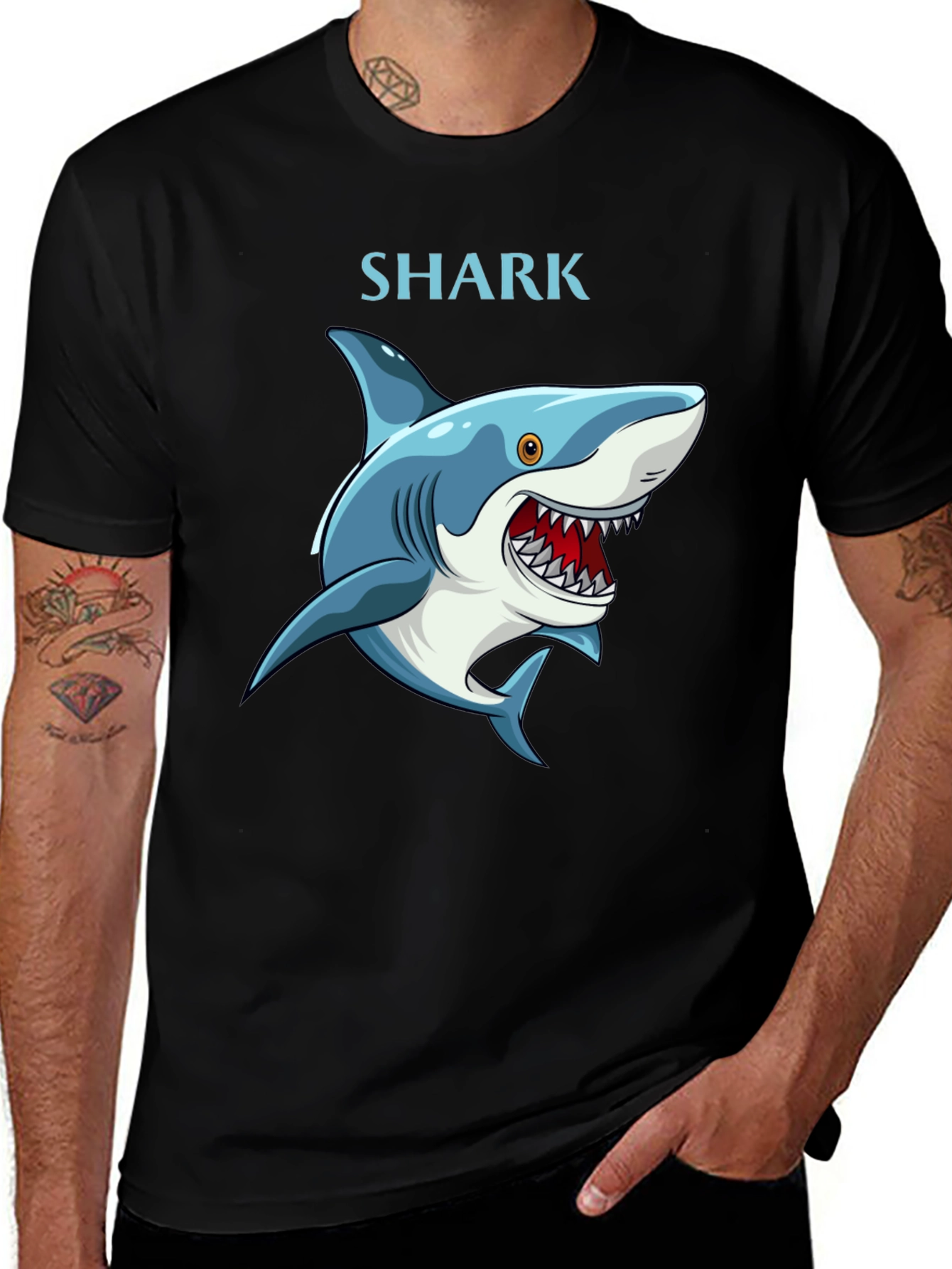 Cartoon Shark Graphic T-Shirt - Black Cotton Tee
