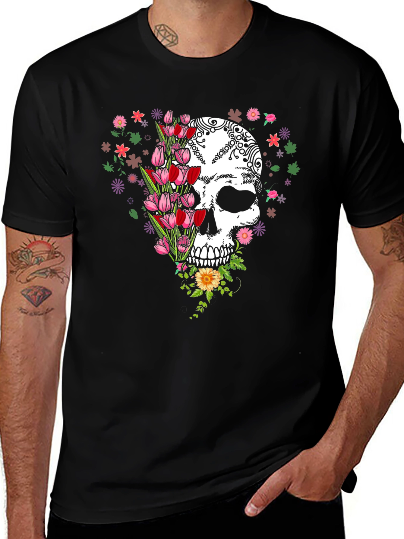 Variant 11 of Floral Skull Graphic Tee - Black