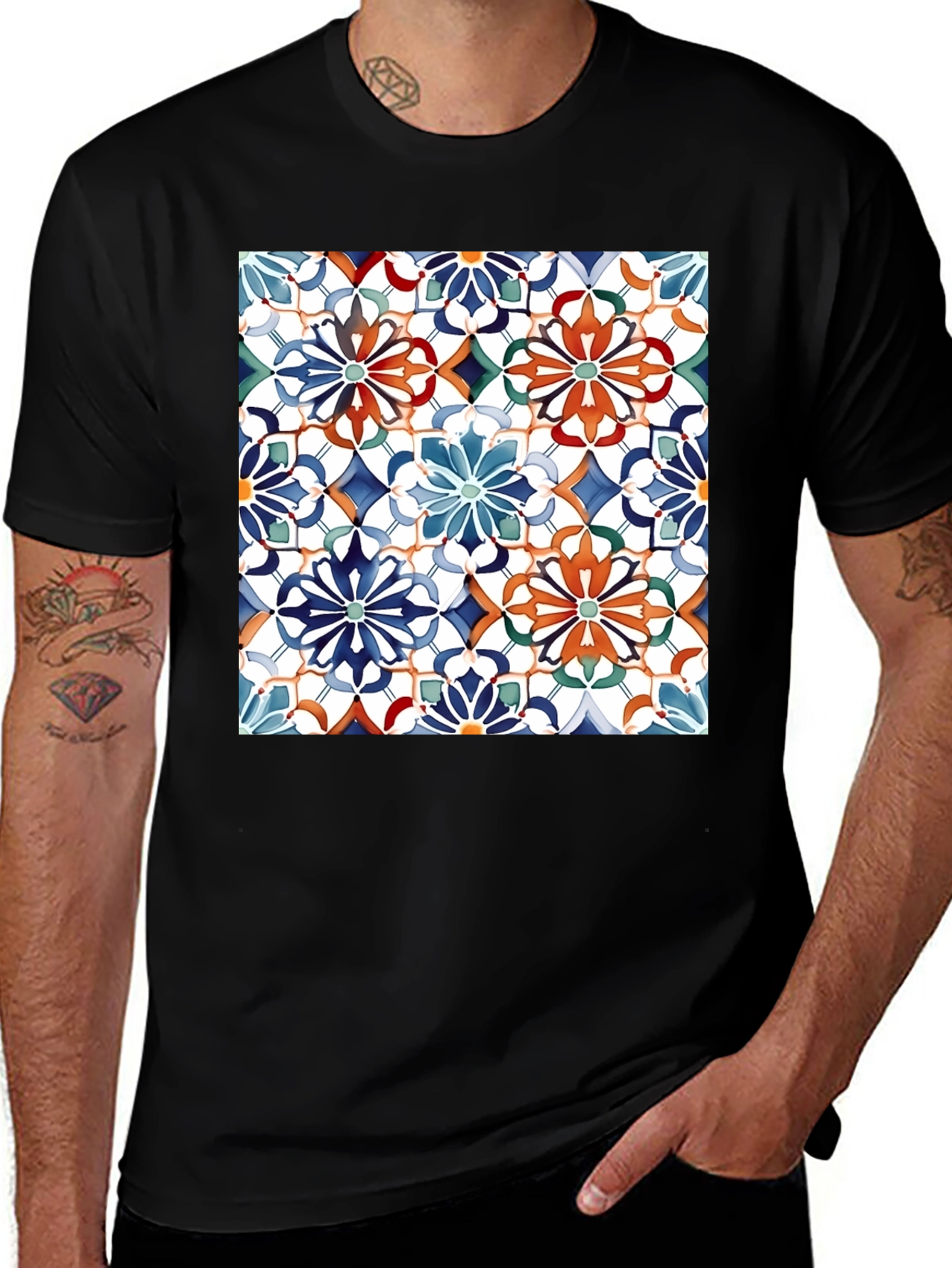 Variant 10 of Floral Mosaic Print Black T-Shirt
