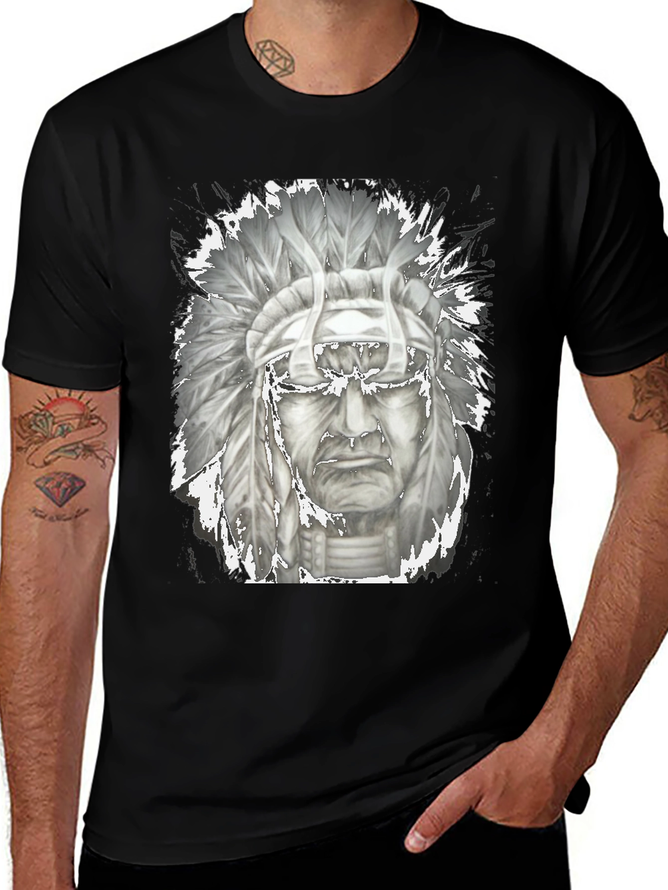 Native American Chief Graphic T-Shirt - Black Cotton Tee