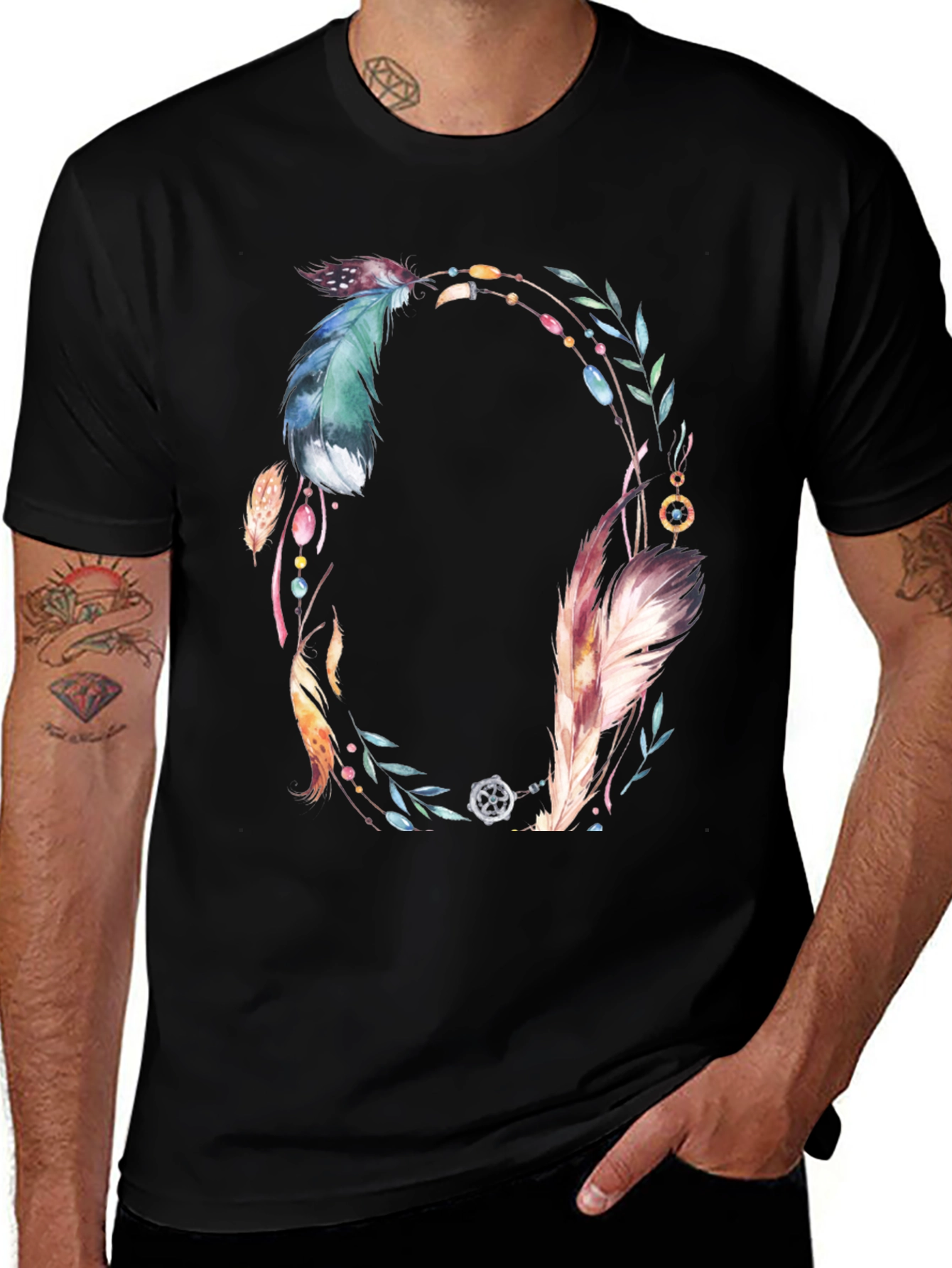 Variant 29 of Feather Wreath Graphic Tee - Boho Style