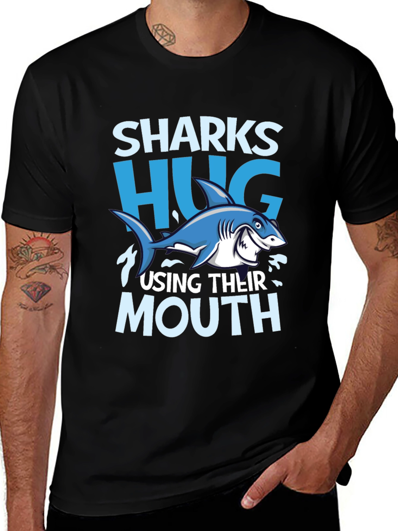Variant 19 of Funny Sharks Hug with Mouth Black T-Shirt