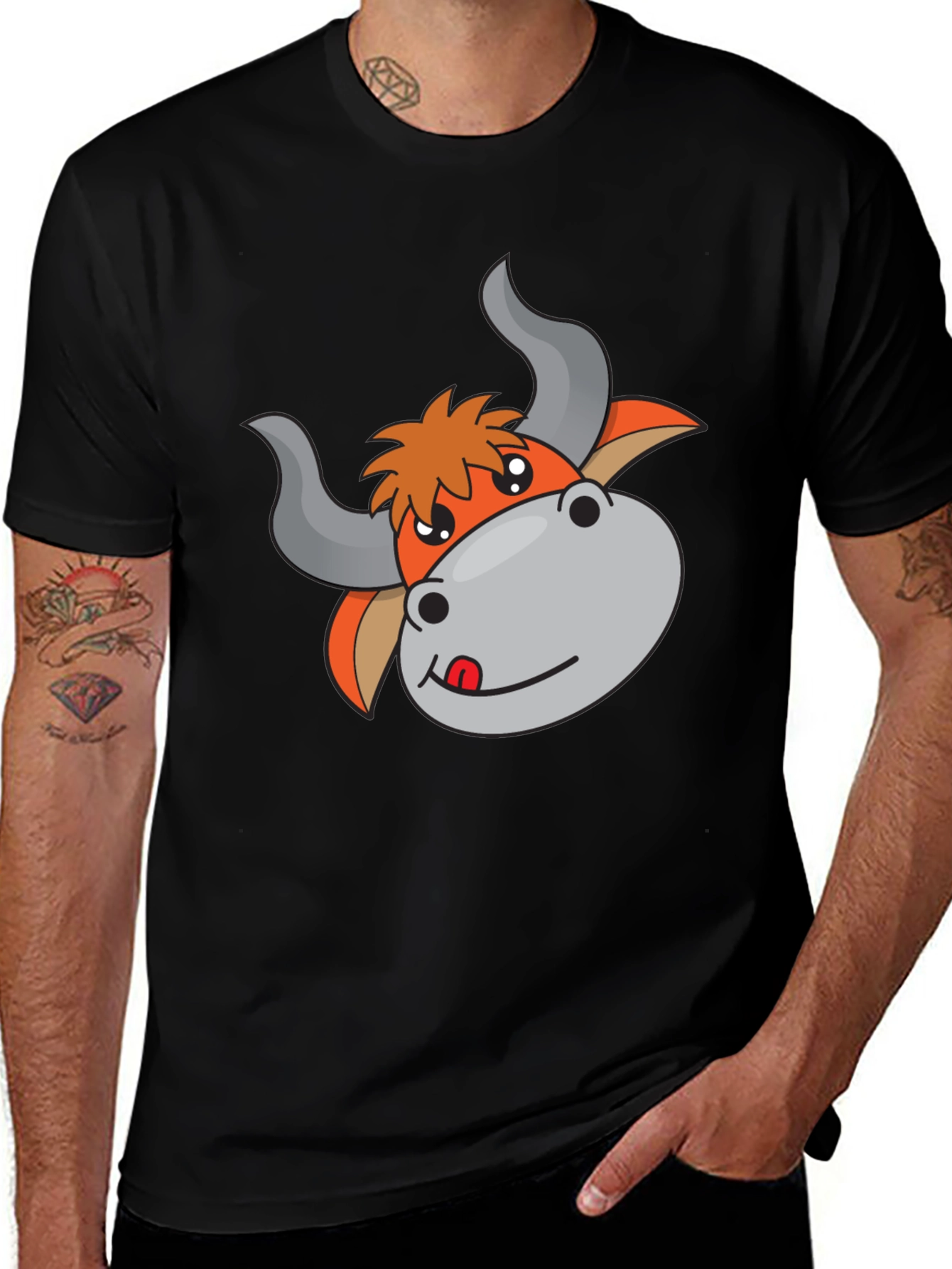 Cartoon Bull Graphic Black T-Shirt