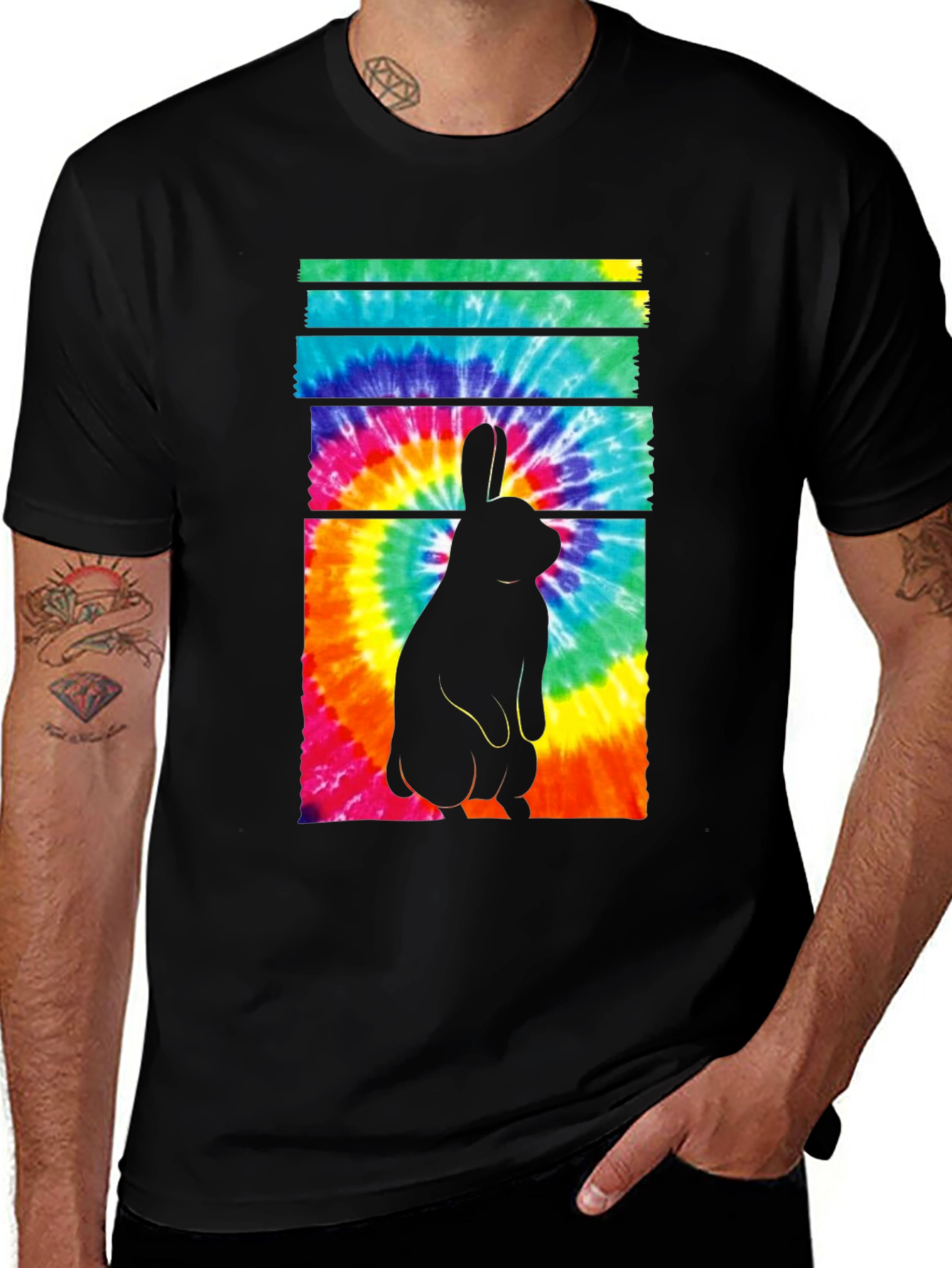 Variant 7 of Tie-Dye Rabbit Graphic Tee - Casual Black T-Shirt