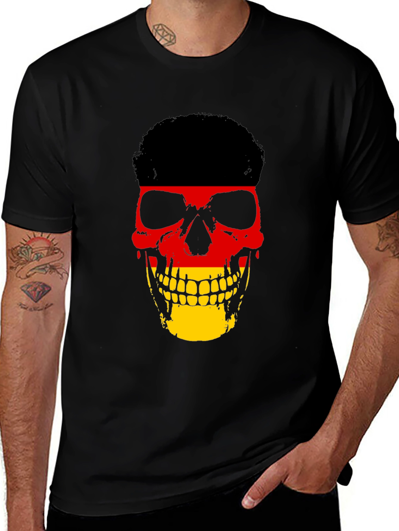 Variant 13 of German Flag Skull Graphic Tee - Black Cotton T-Shirt