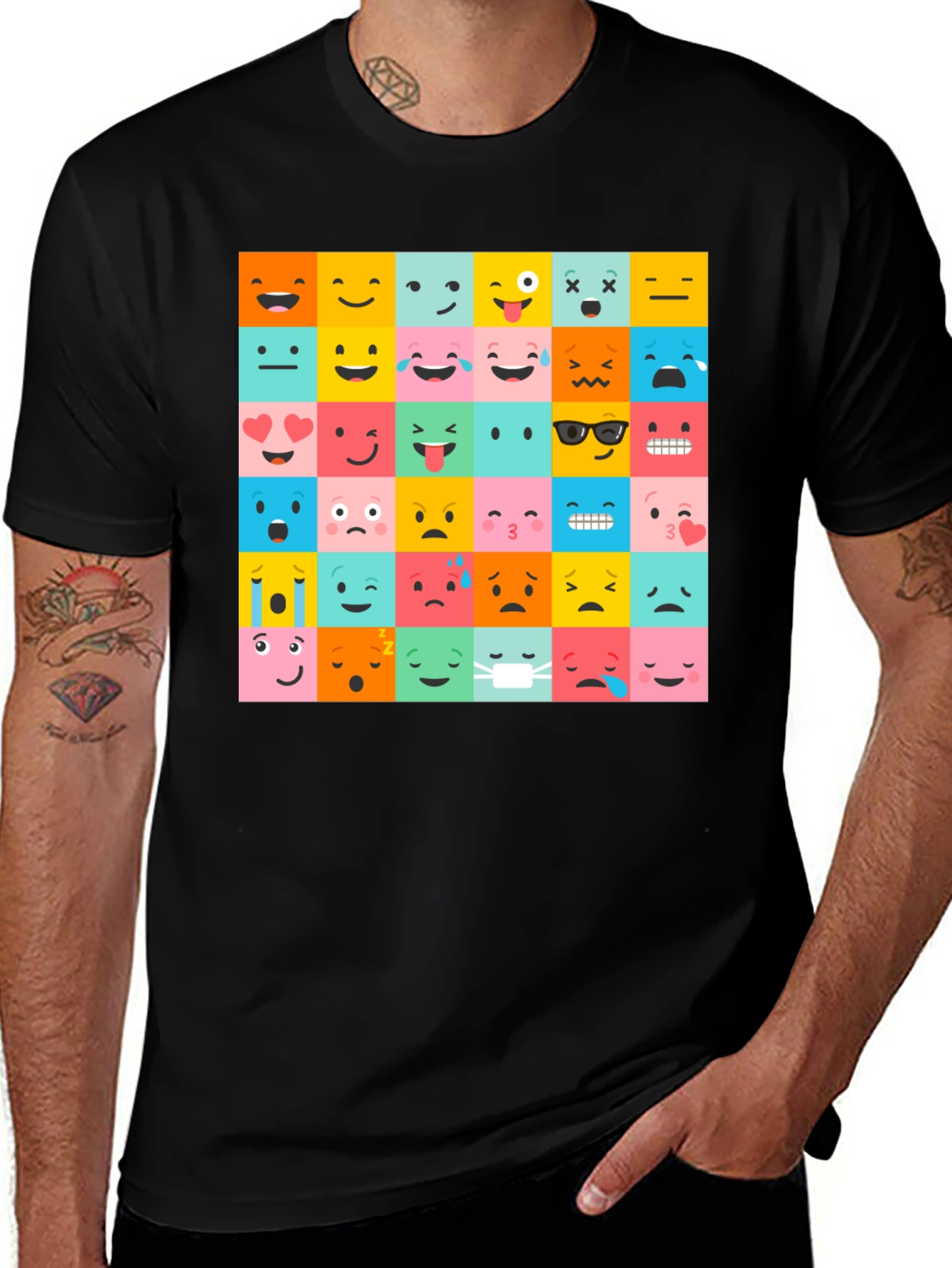 Variant 15 of Emoji Pattern T-Shirt - Black Crew Neck Tee