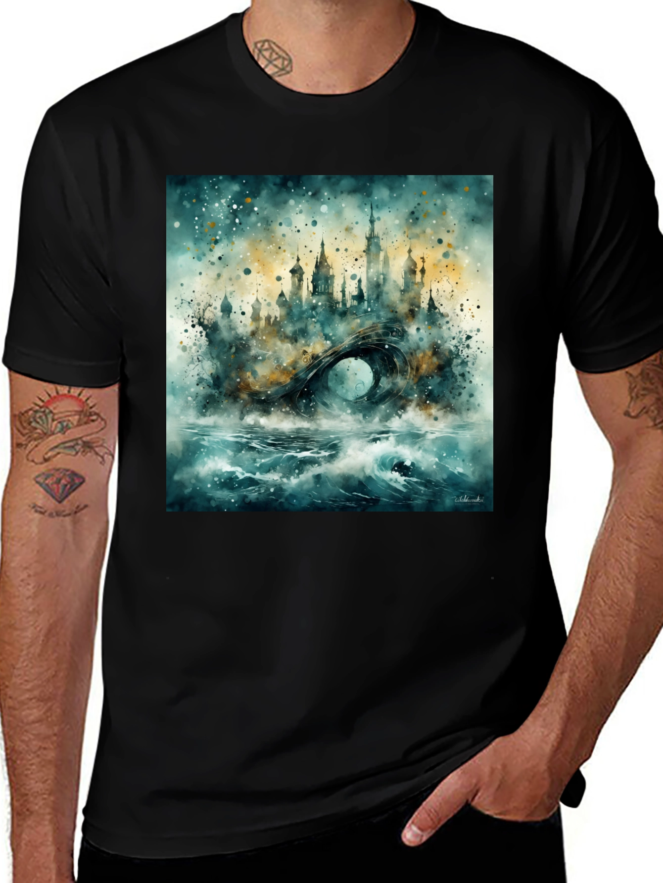 Variant 29 of Watercolor Cityscape Graphic Tee - Black