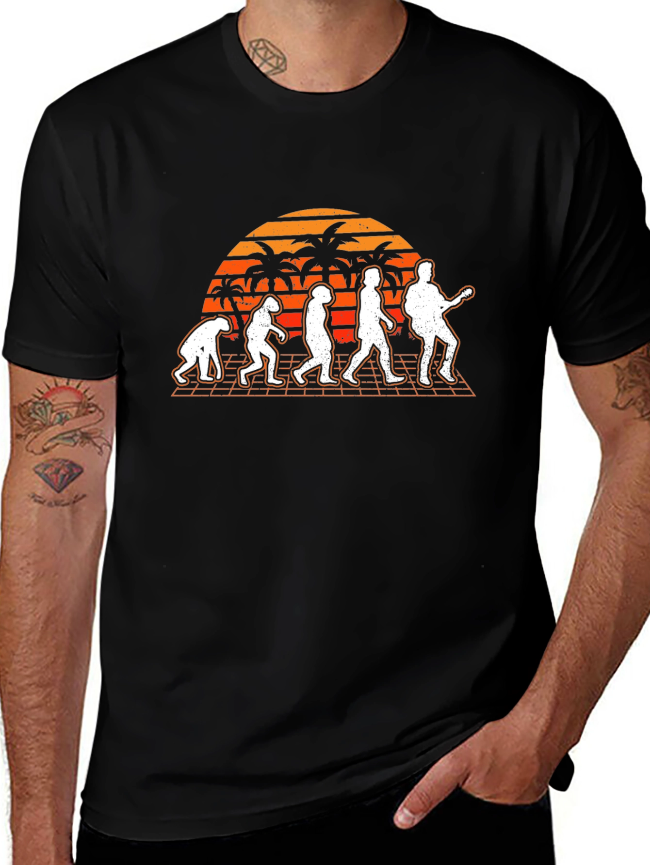 Variant 27 of Evolution of Guitarist T-Shirt - Retro Sunset Design