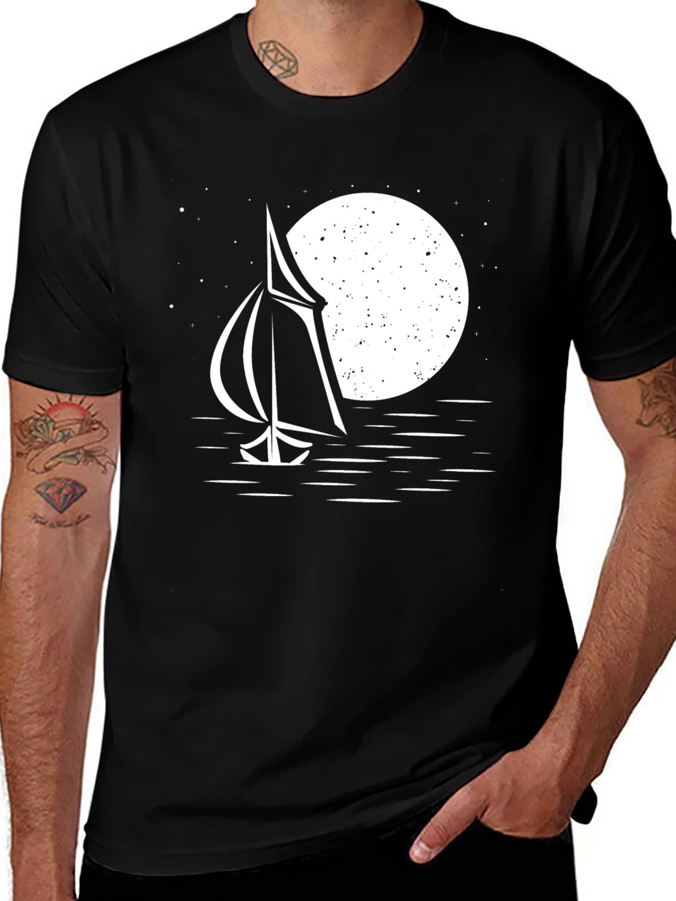 Variant 5 of Sailboat & Moon Graphic Tee - Black Cotton