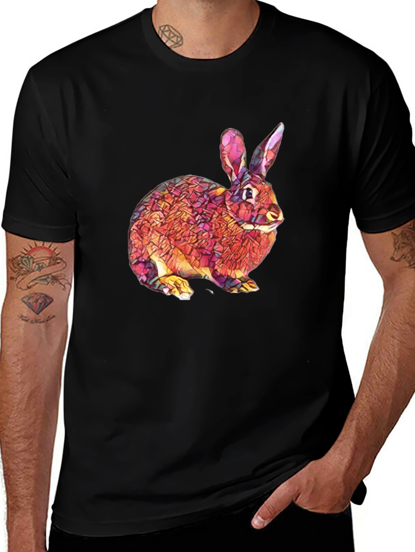 Variant 21 of Mosaic Rabbit Graphic Tee - Stylish Black T-Shirt