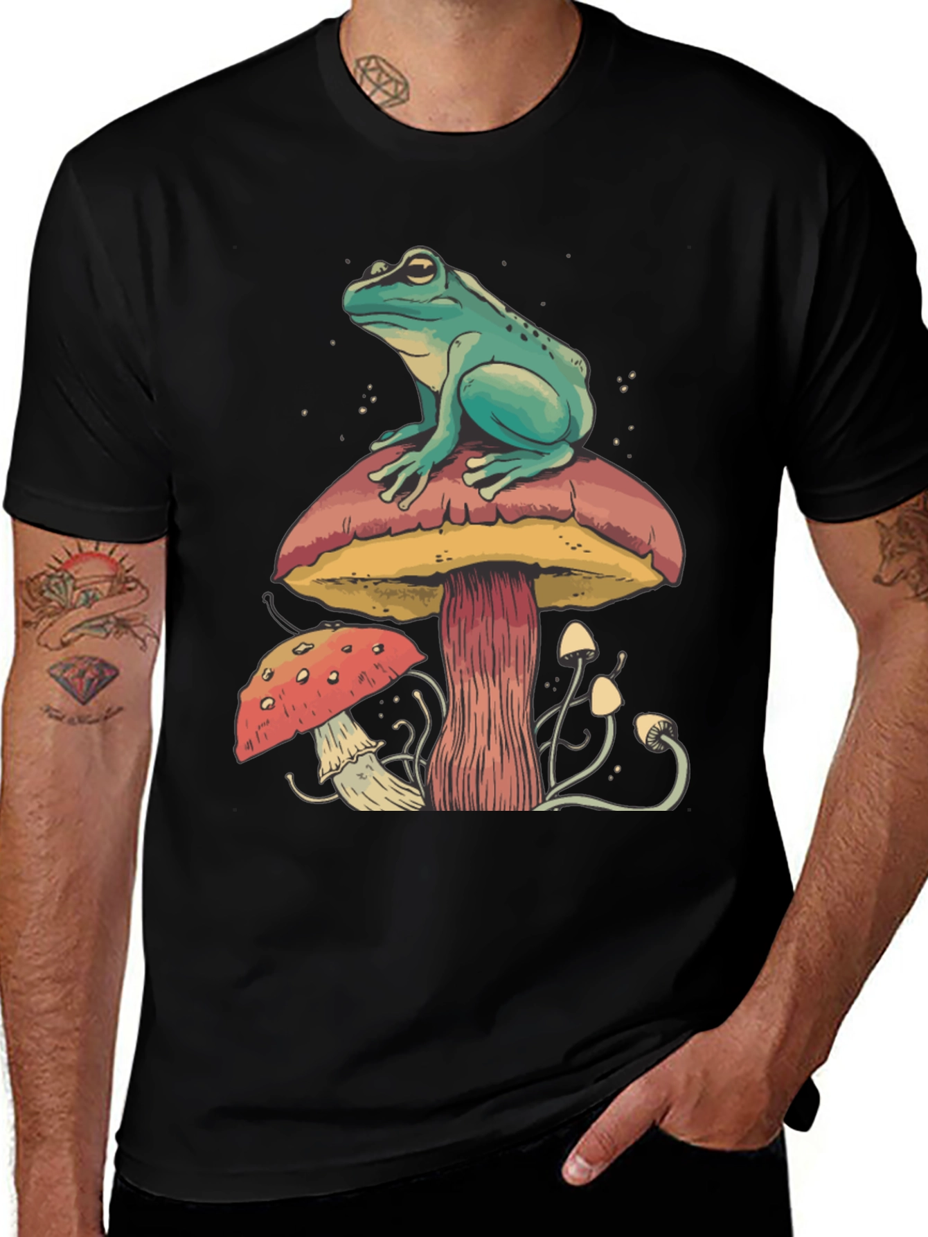 Variant 19 of Frog on Mushroom Graphic Tee - Black Cotton T-Shirt