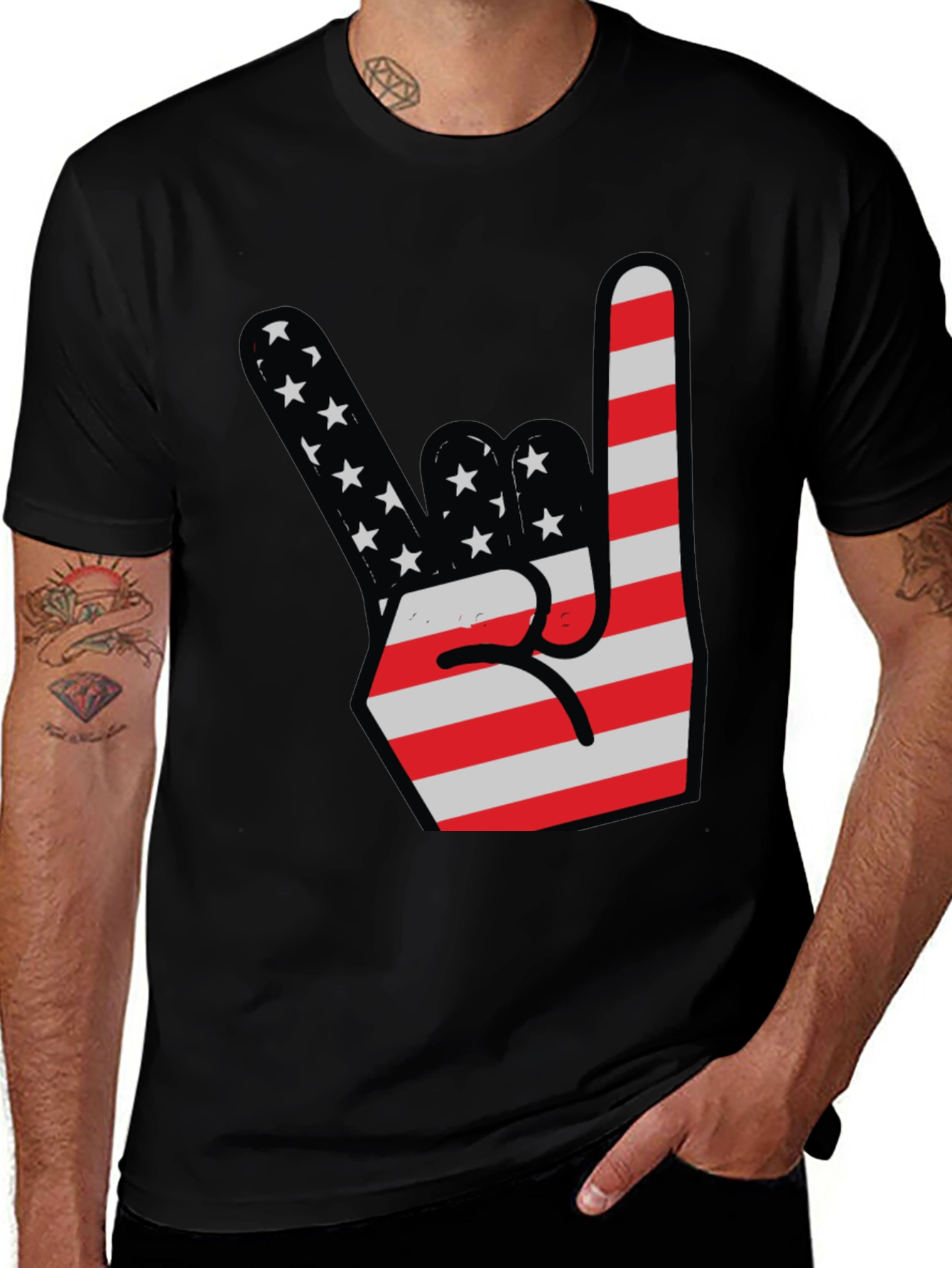 Variant 13 of USA Flag Rock On Hand Gesture Graphic Tee