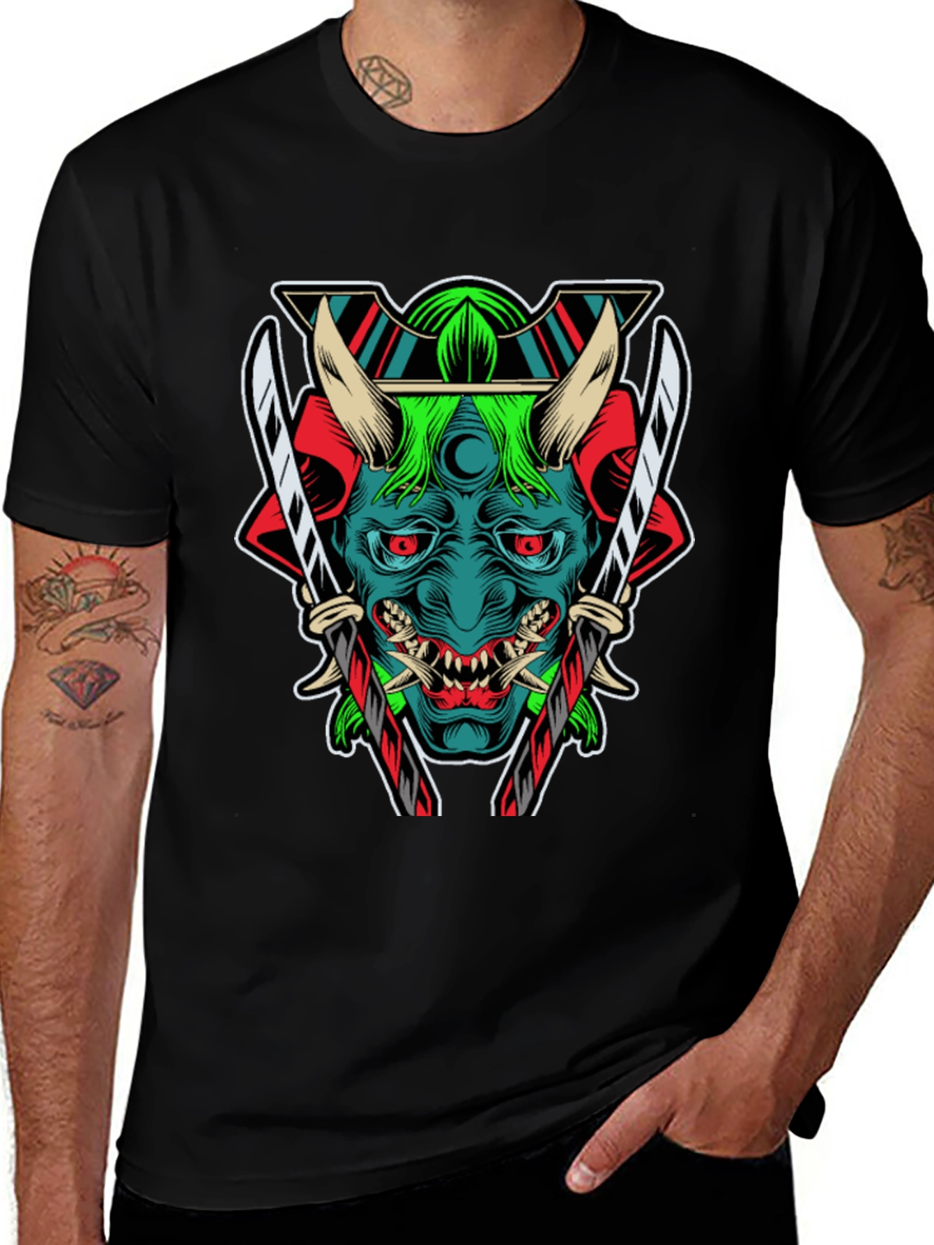 Variant 23 of Samurai Oni Mask Graphic Tee - Black