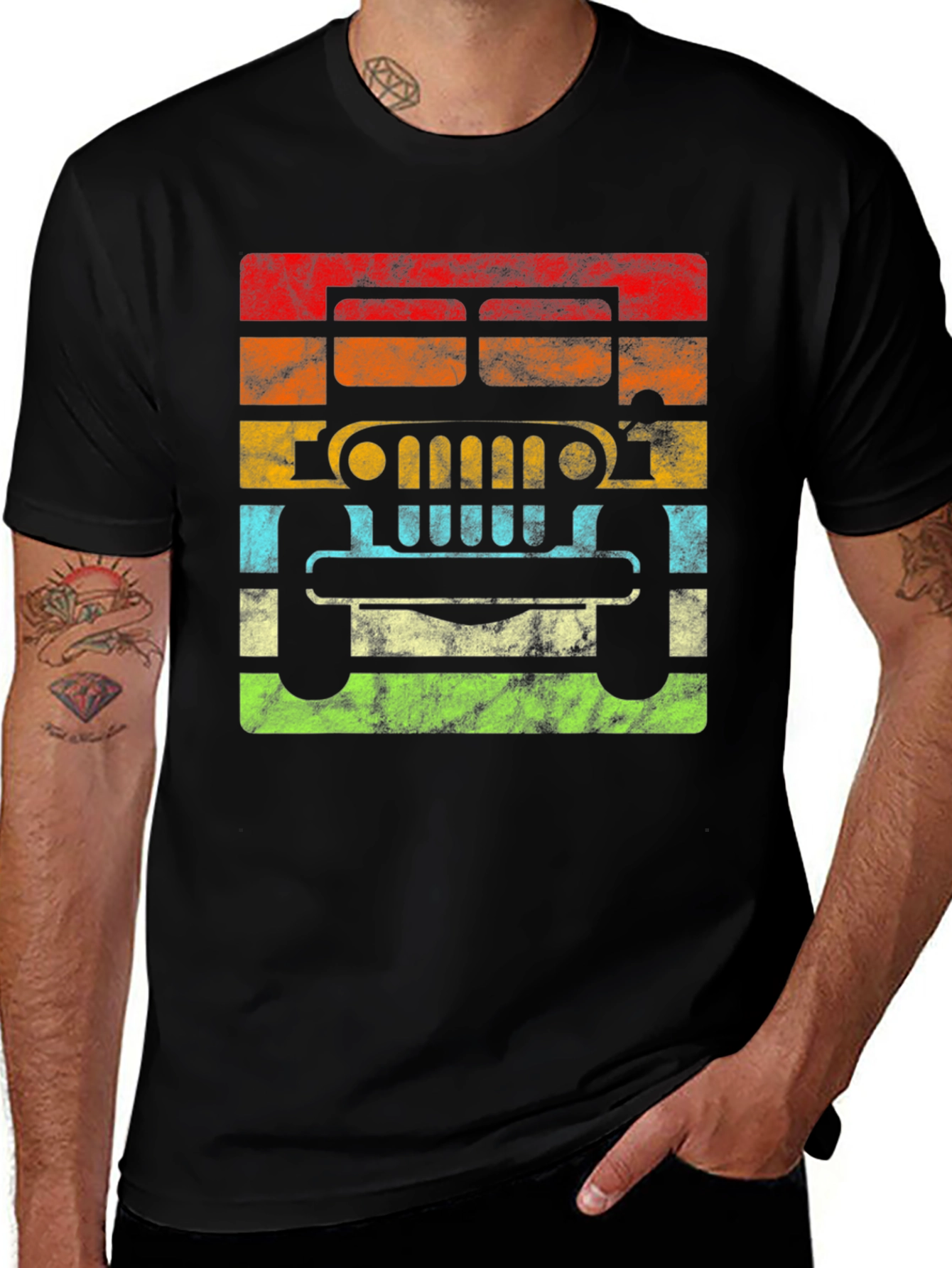 Vintage Jeep Graphic Tee - Retro Striped Design