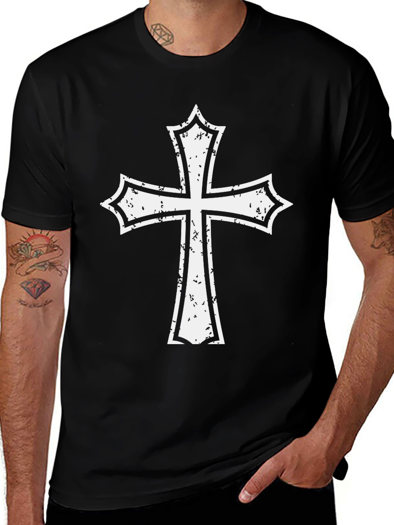 Variant 16 of Grunge Cross Graphic Tee - Black Cotton Blend