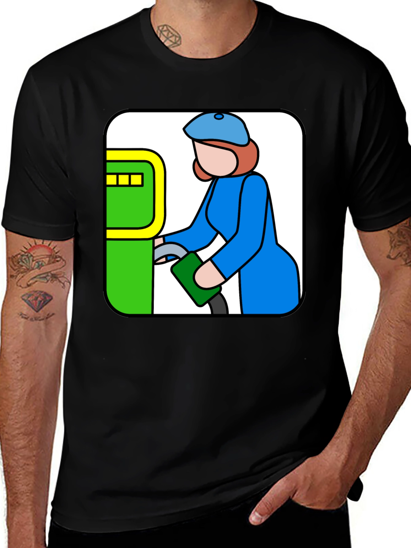 Variant 19 of Cartoon Gas Station T-Shirt - Black Cotton Tee