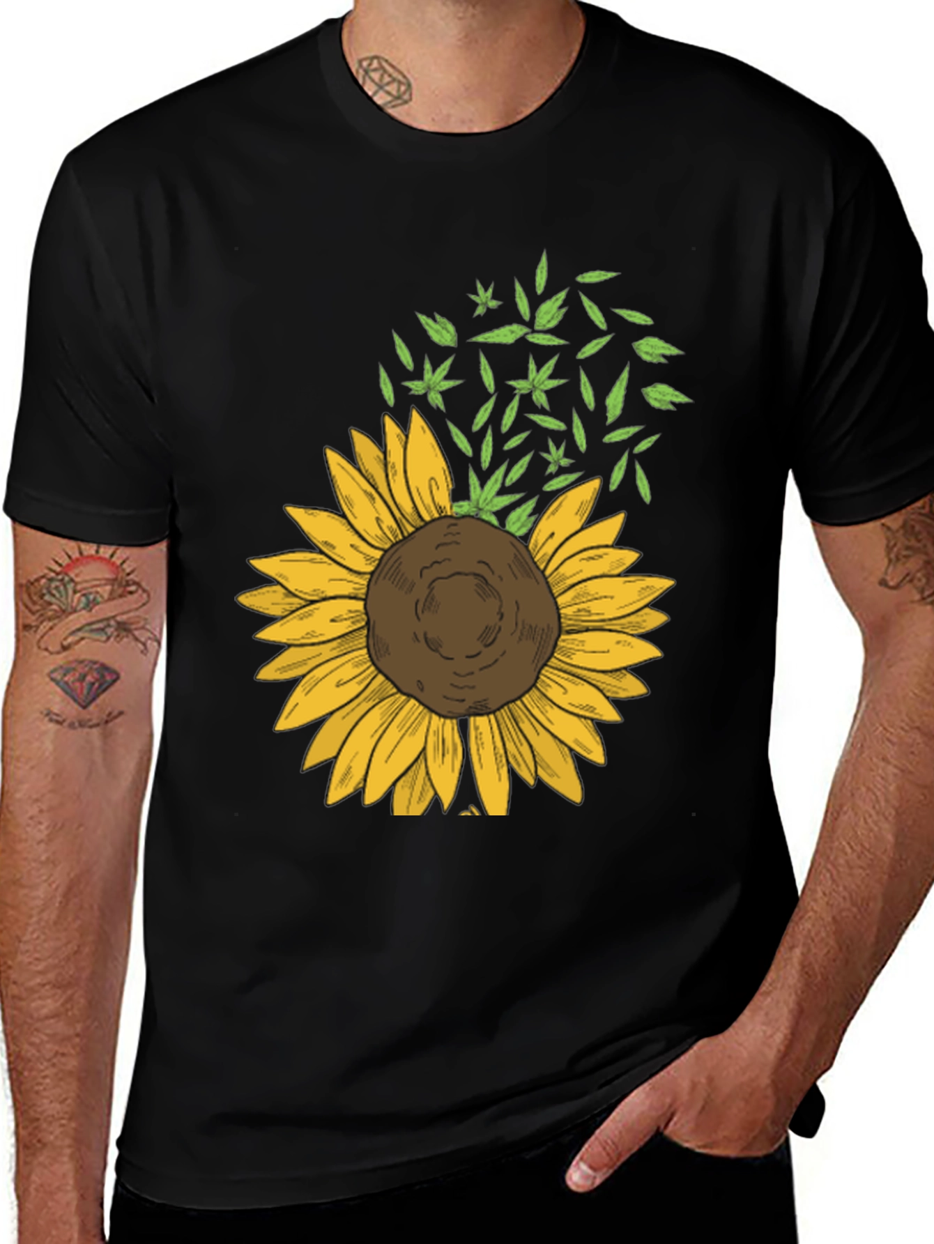 Variant 23 of Sunflower & Leaf Print Black T-Shirt