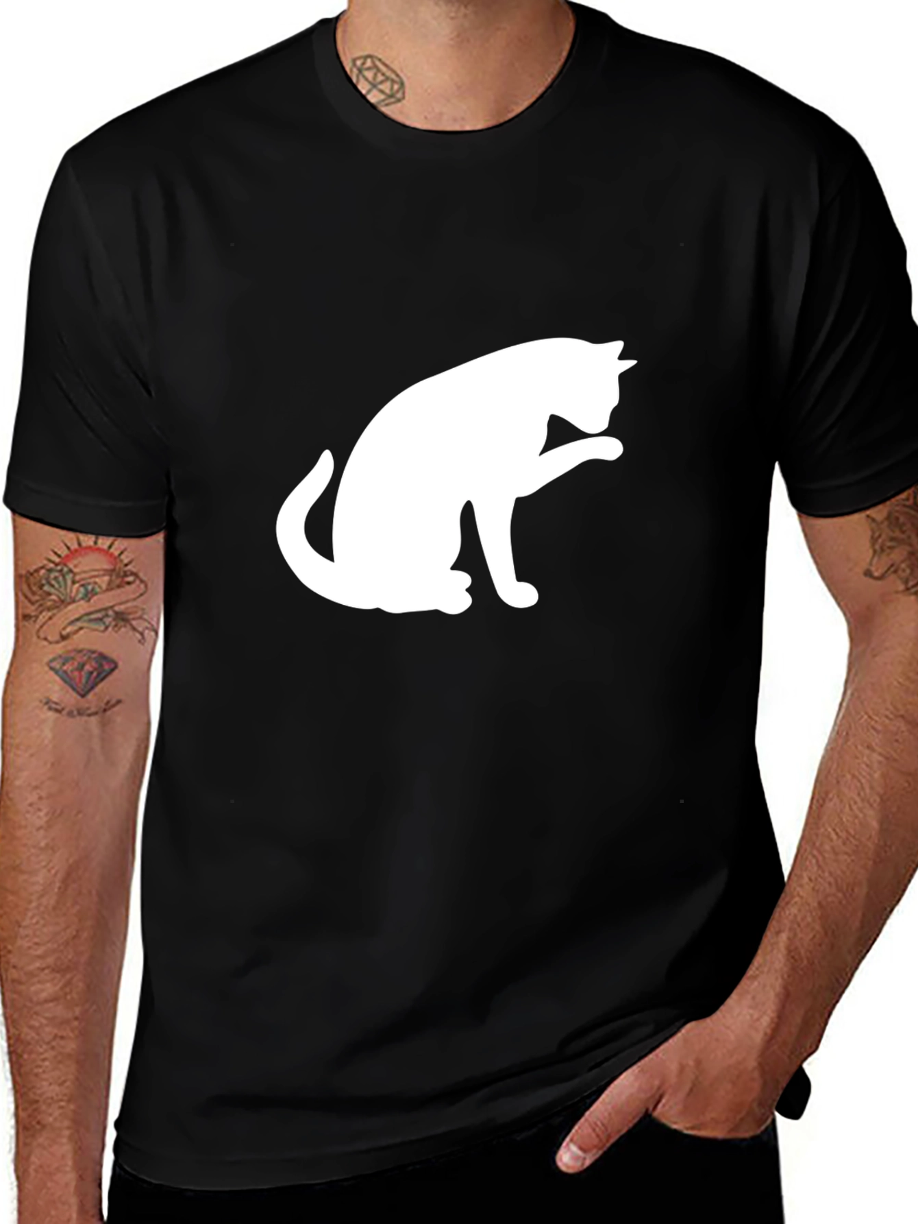 Variant 12 of Cat Licking Paw Graphic Tee - Black Cotton Comfort