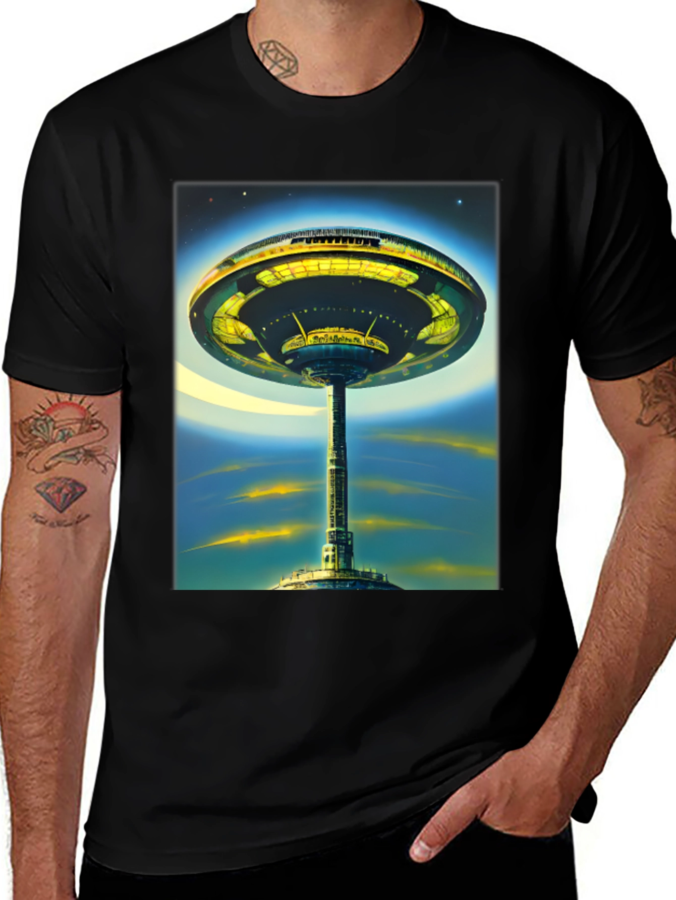 Black Futuristic Cityscape Graphic Tee - Sci-Fi Style main image