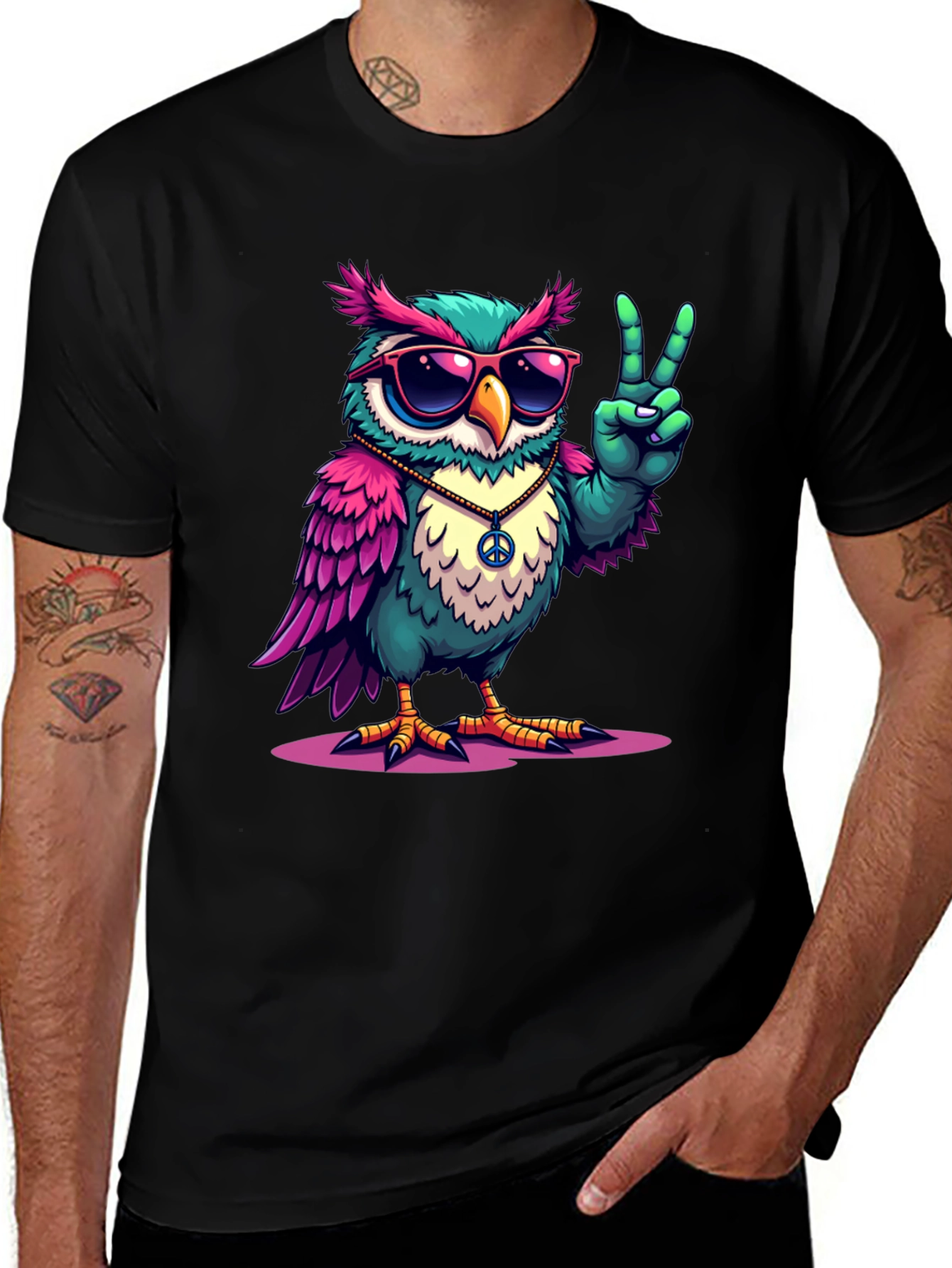 Black Cool Owl Peace Sign T-Shirt main image