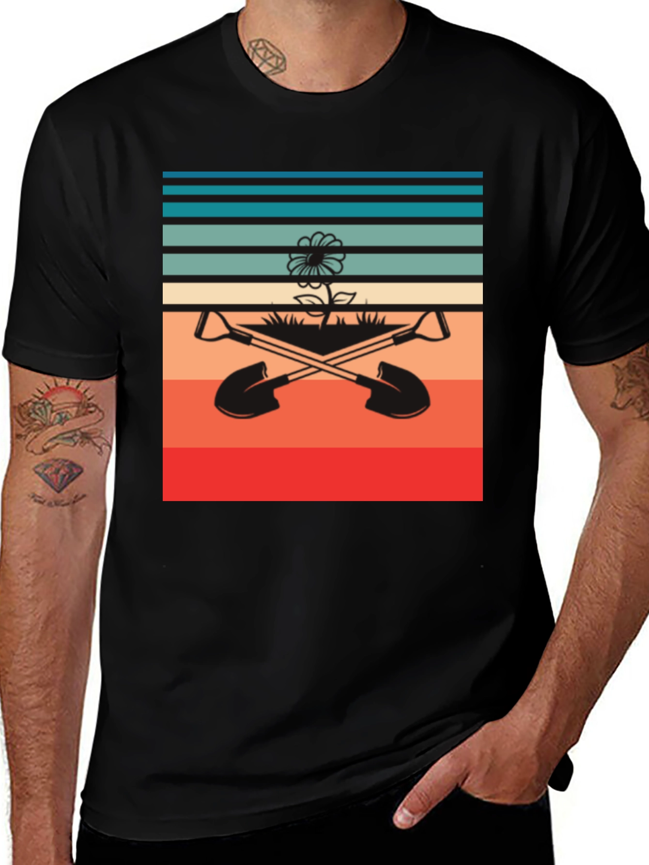 Retro Gardening T-Shirt - Shovels & Flower Design