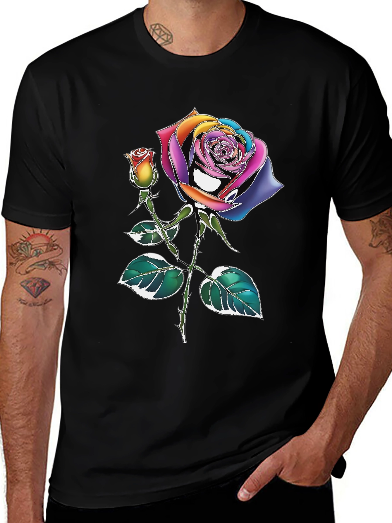 Variant 16 of Rainbow Rose Graphic Tee - Stylish Black T-Shirt