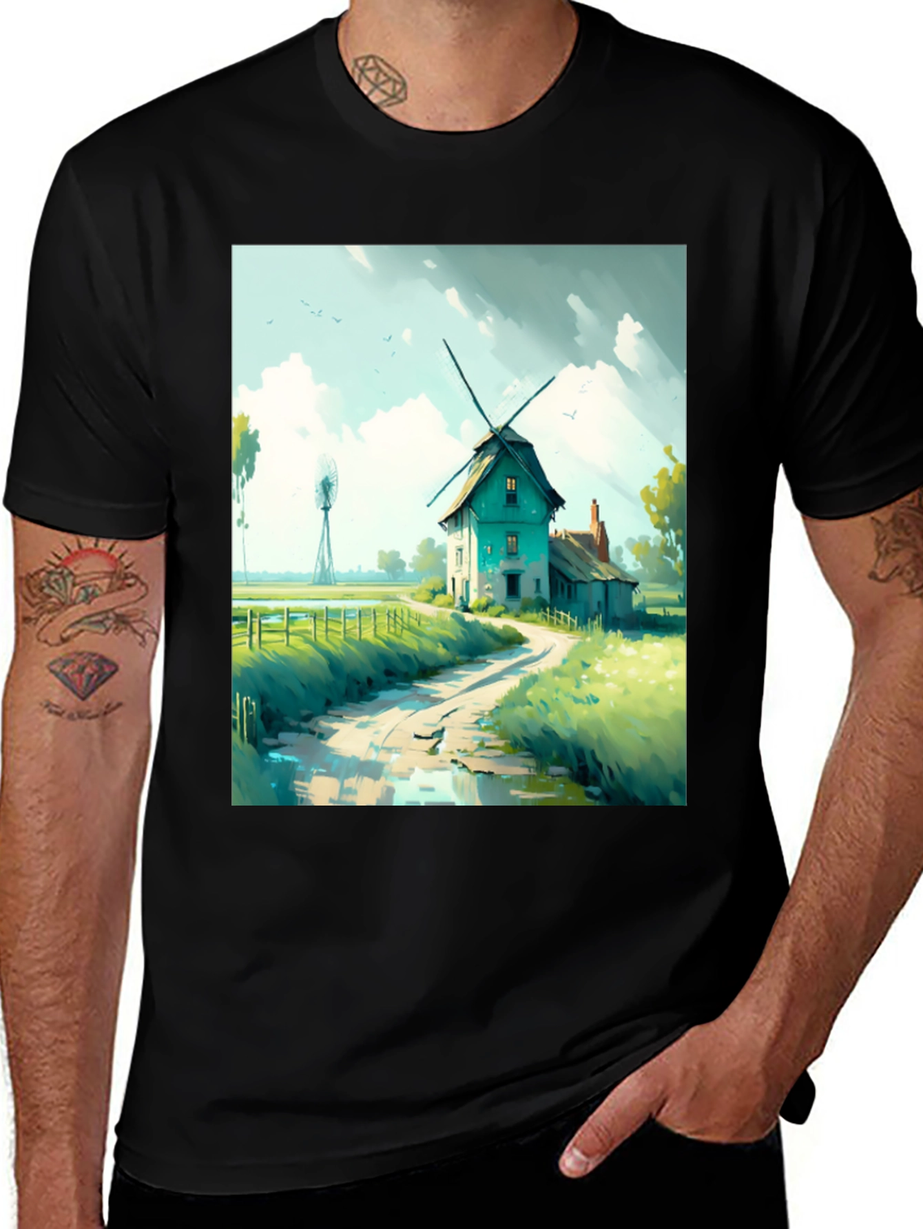 Variant 21 of Windmill Landscape Graphic Tee - Black Cotton Blend