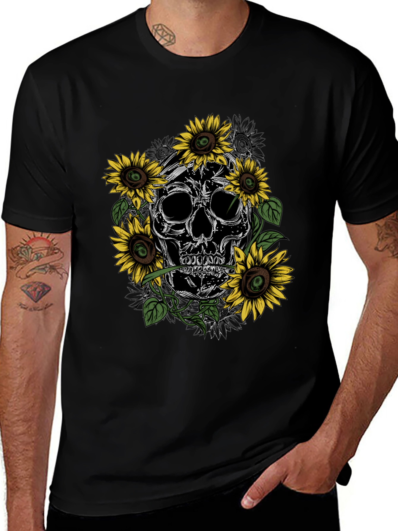 Variant 2 of Skull & Sunflower Graphic Tee - Men's Black T-Shirt
