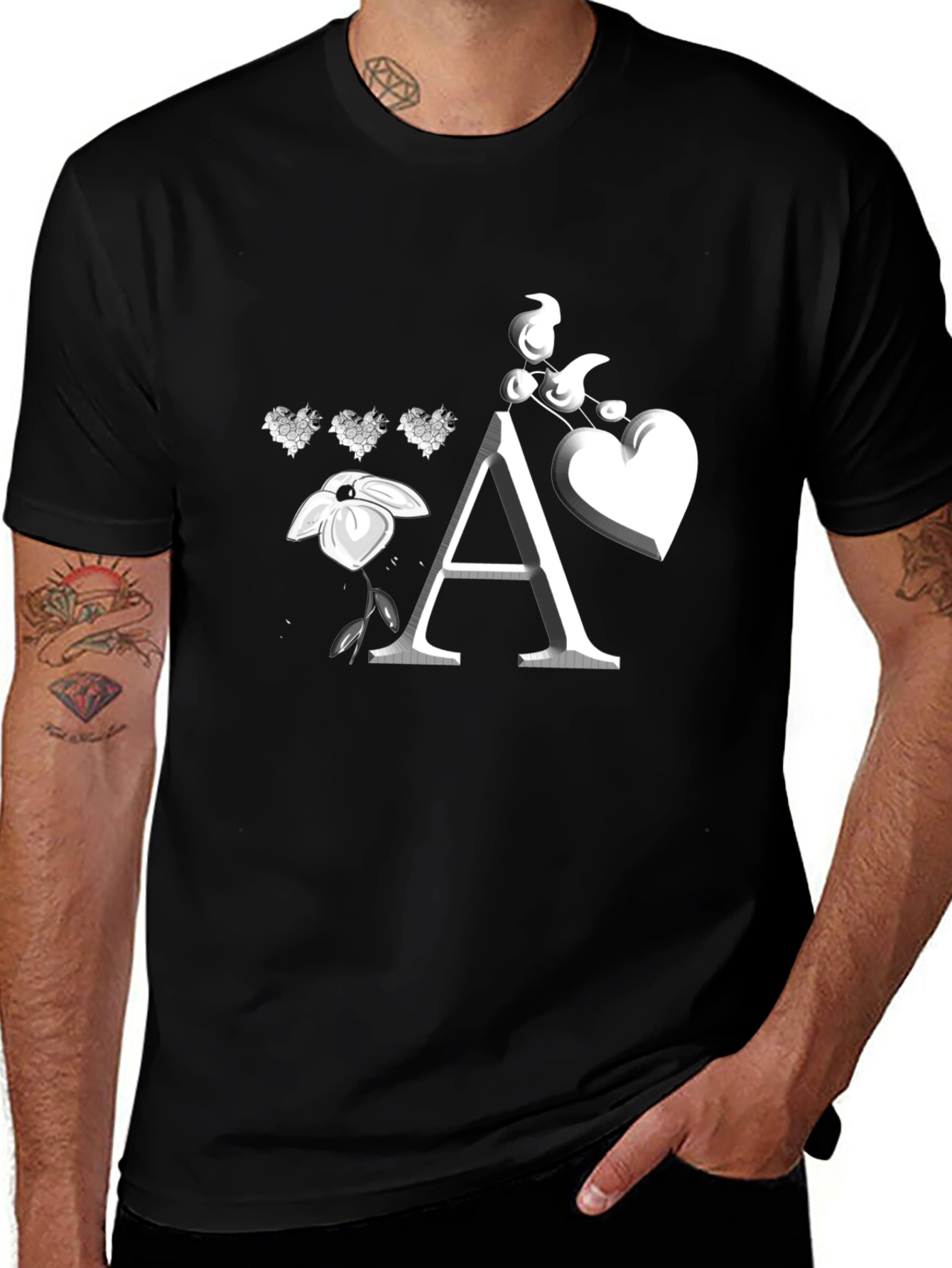 Variant 16 of Floral Heart Initial A Black T-Shirt