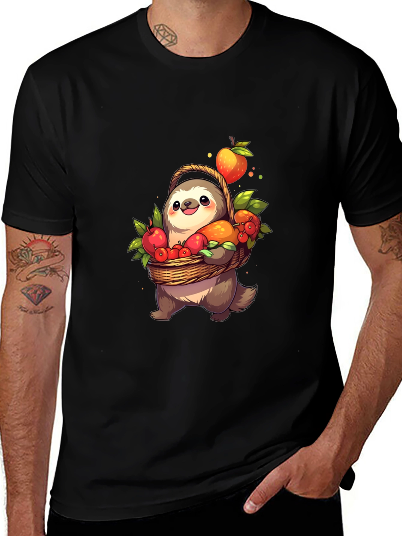Variant 9 of Sloth and Fruit Basket Black T-Shirt