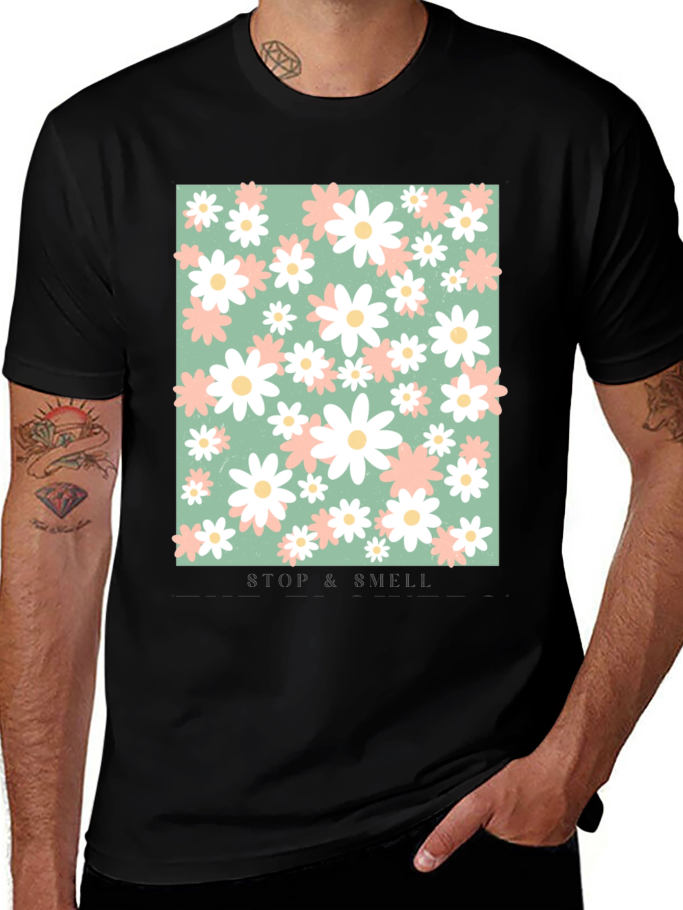 Variant 4 of Floral Print T-Shirt - Stop and Smell the Flowers