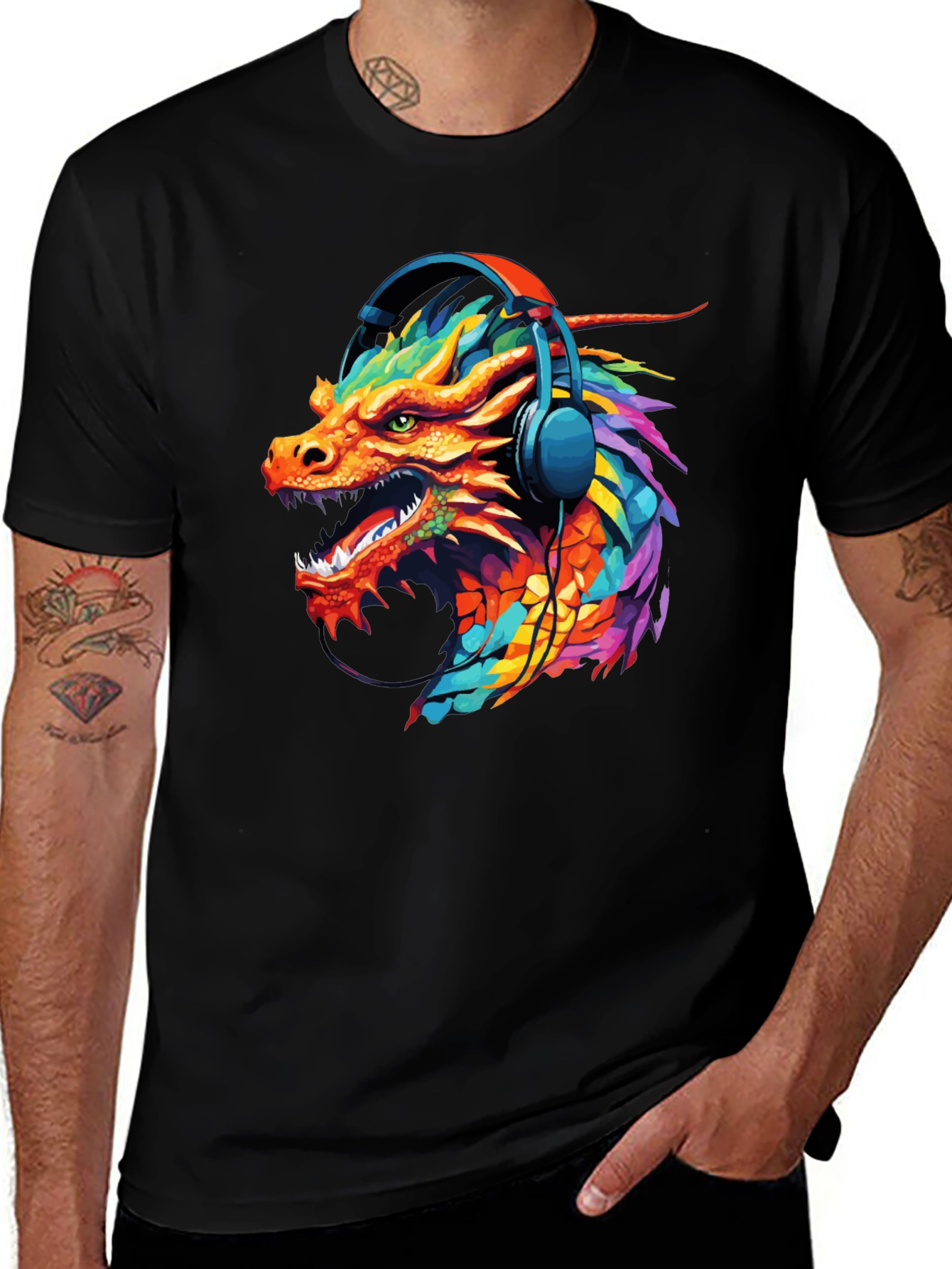 Variant 4 of Dragon Headphone Graphic Black T-Shirt