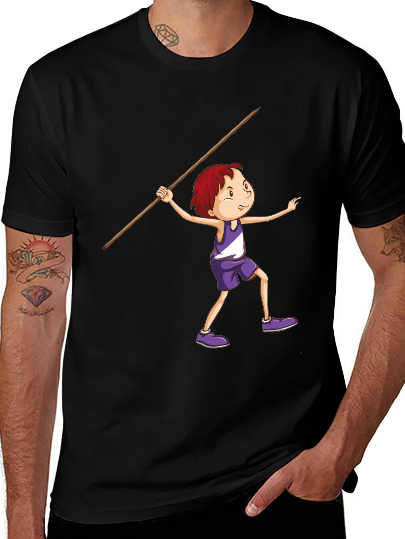 Cartoon Javelin Thrower Black T-Shirt