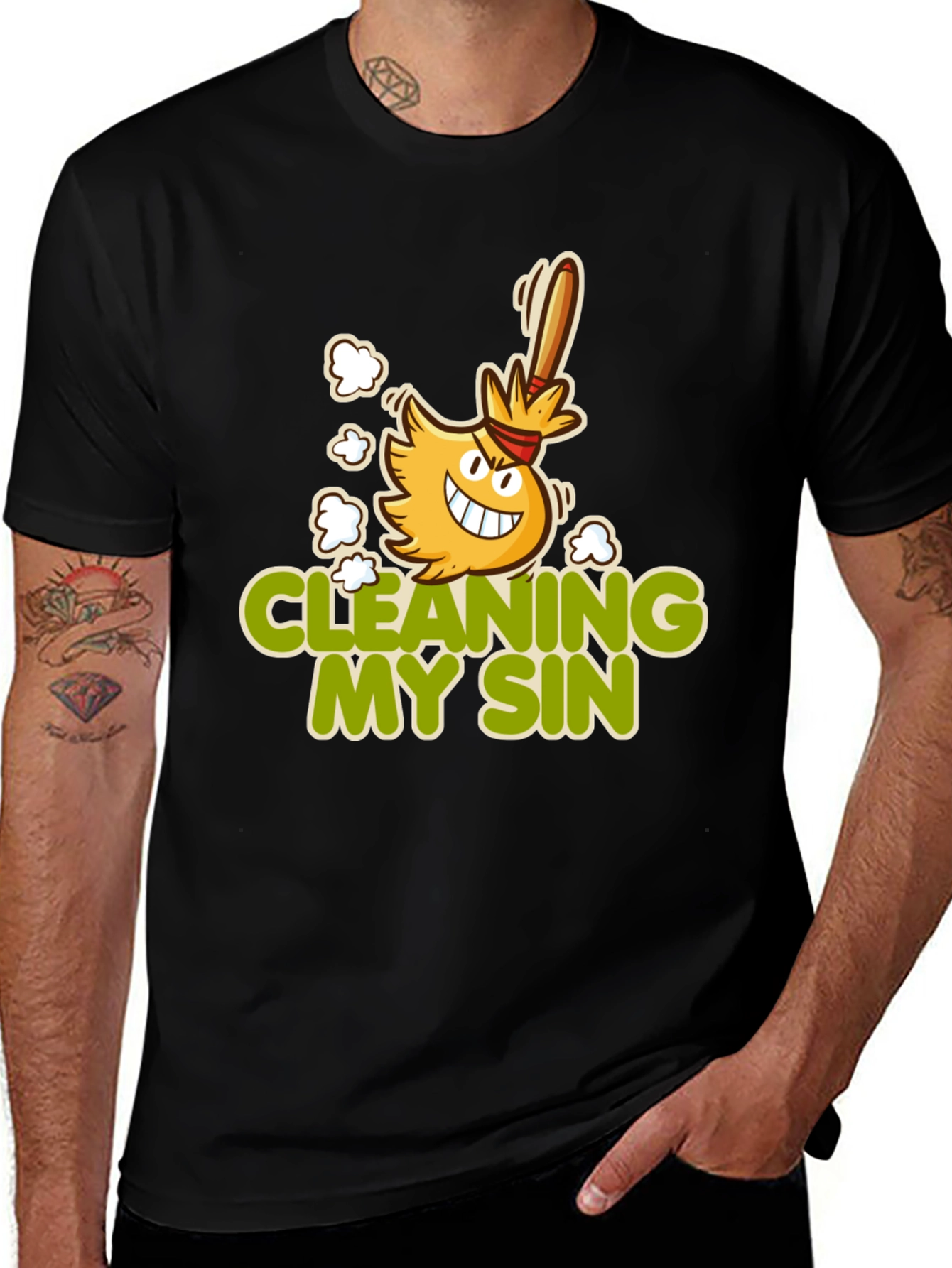 Variant 19 of Cleaning My Sin Cartoon Broom Graphic Tee