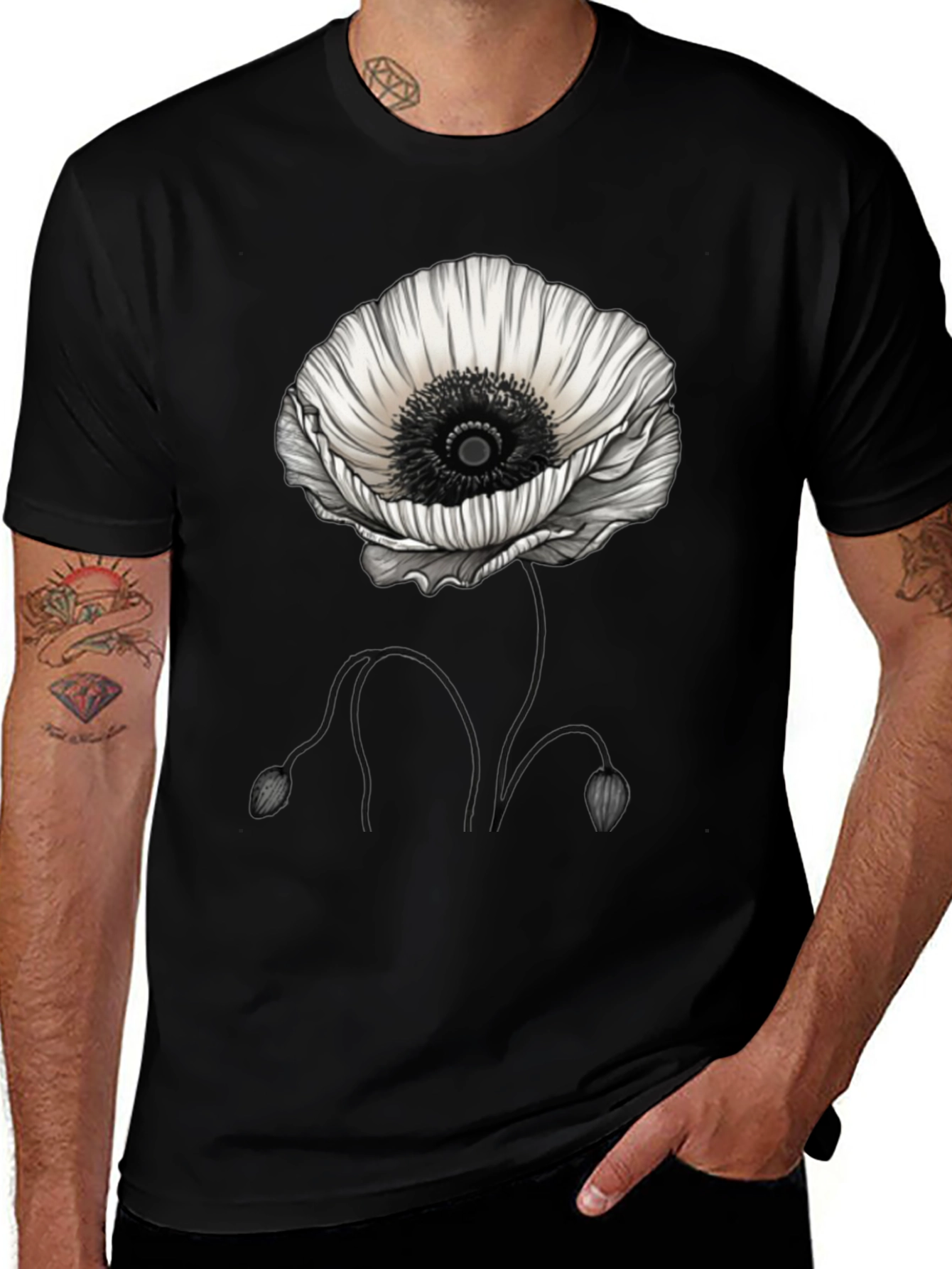 Variant 30 of Black T-Shirt with White Poppy Flower Graphic