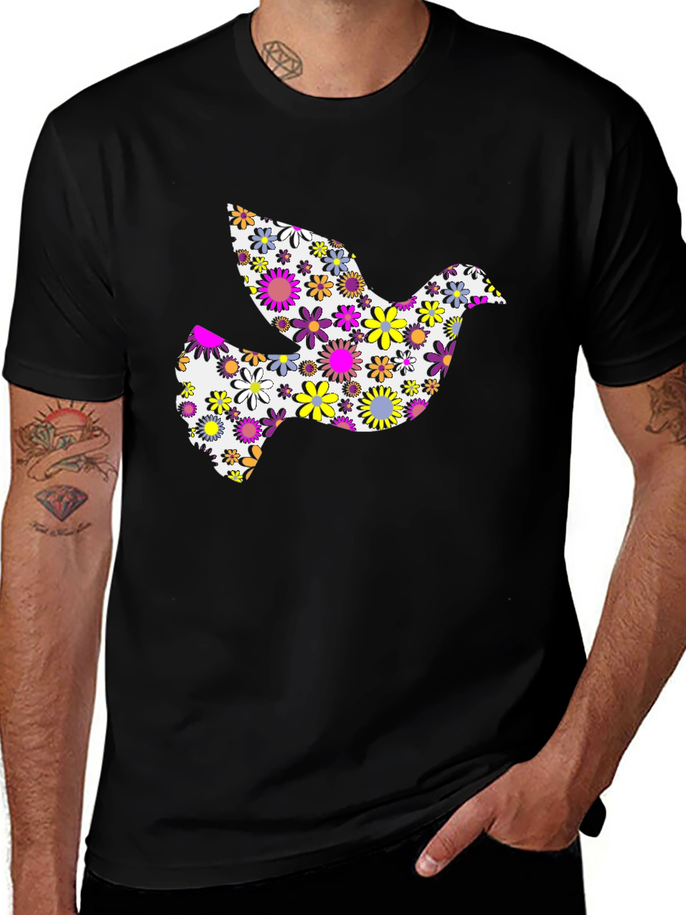 Variant 3 of Floral Dove Graphic Tee - Stylish Men's Black T-Shirt