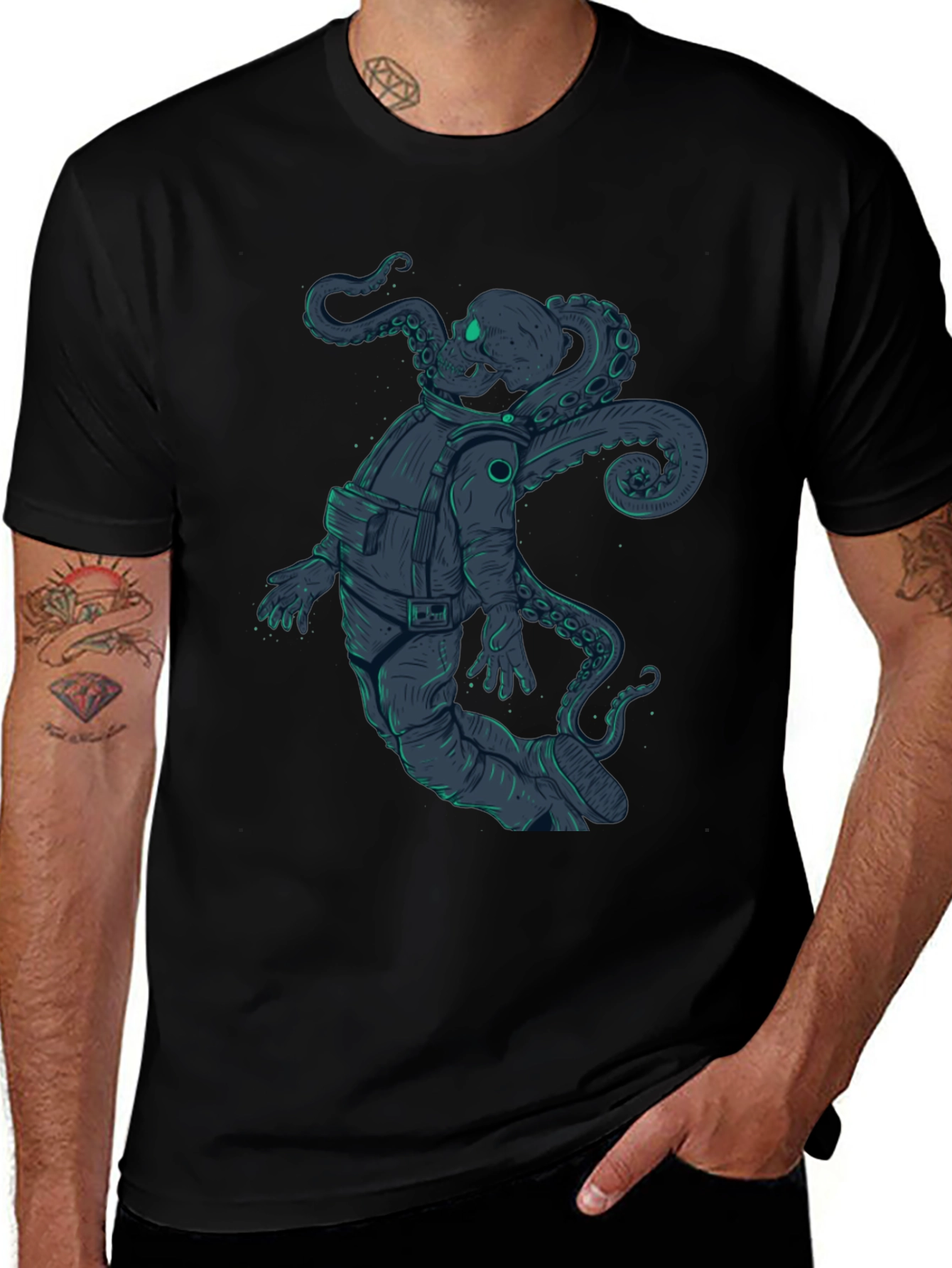 Variant 20 of Astronaut Octopus Graphic Tee - Black Cotton T-Shirt