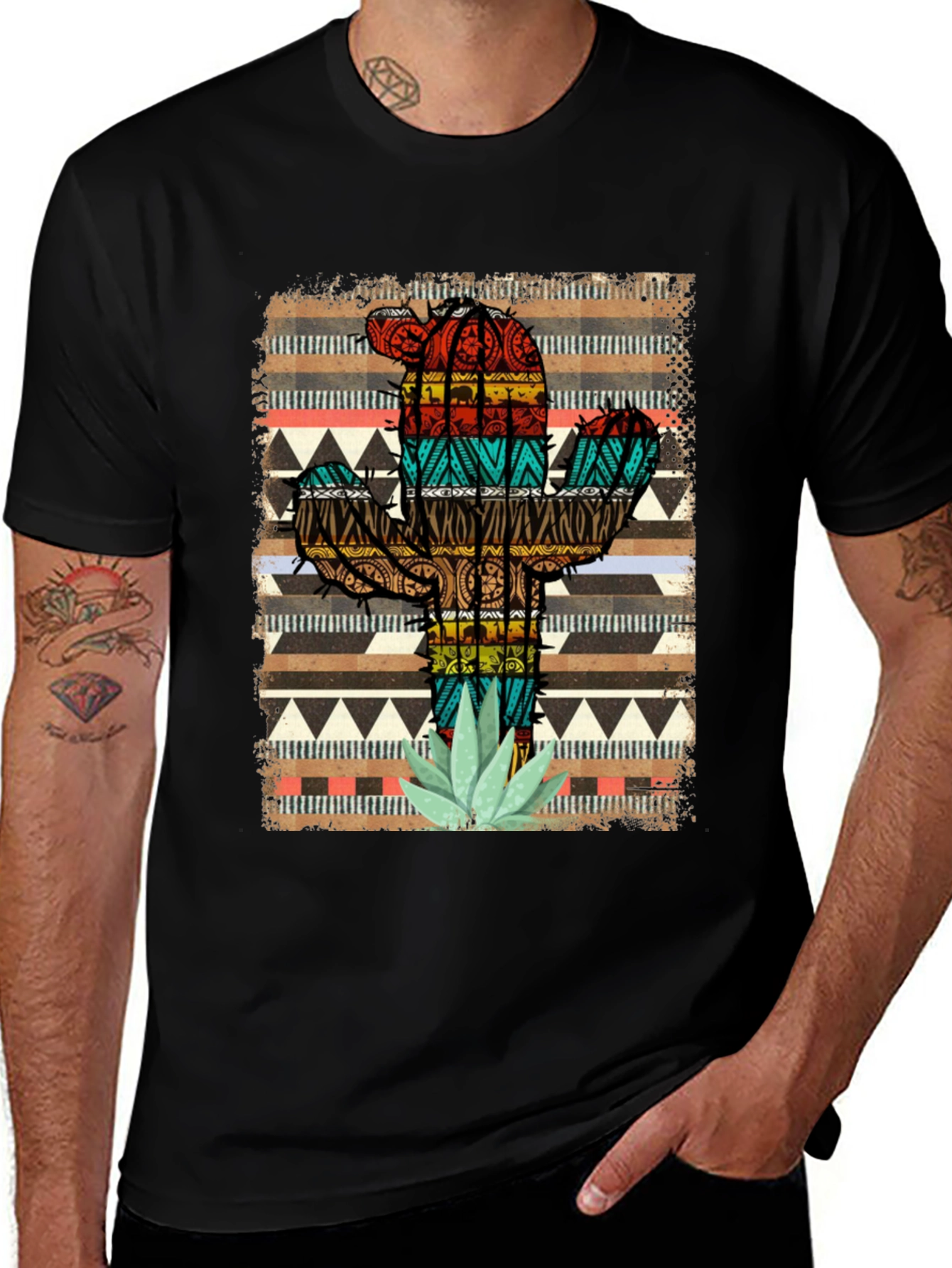 Variant 19 of Cactus Pattern Men's Black T-Shirt