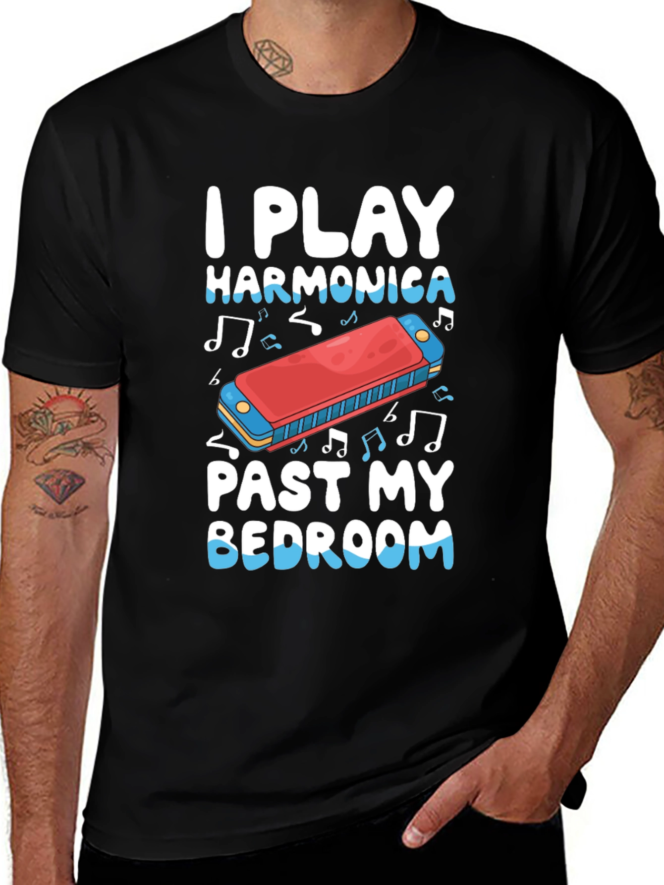 I Play Harmonica Past My Bedroom Black T-Shirt